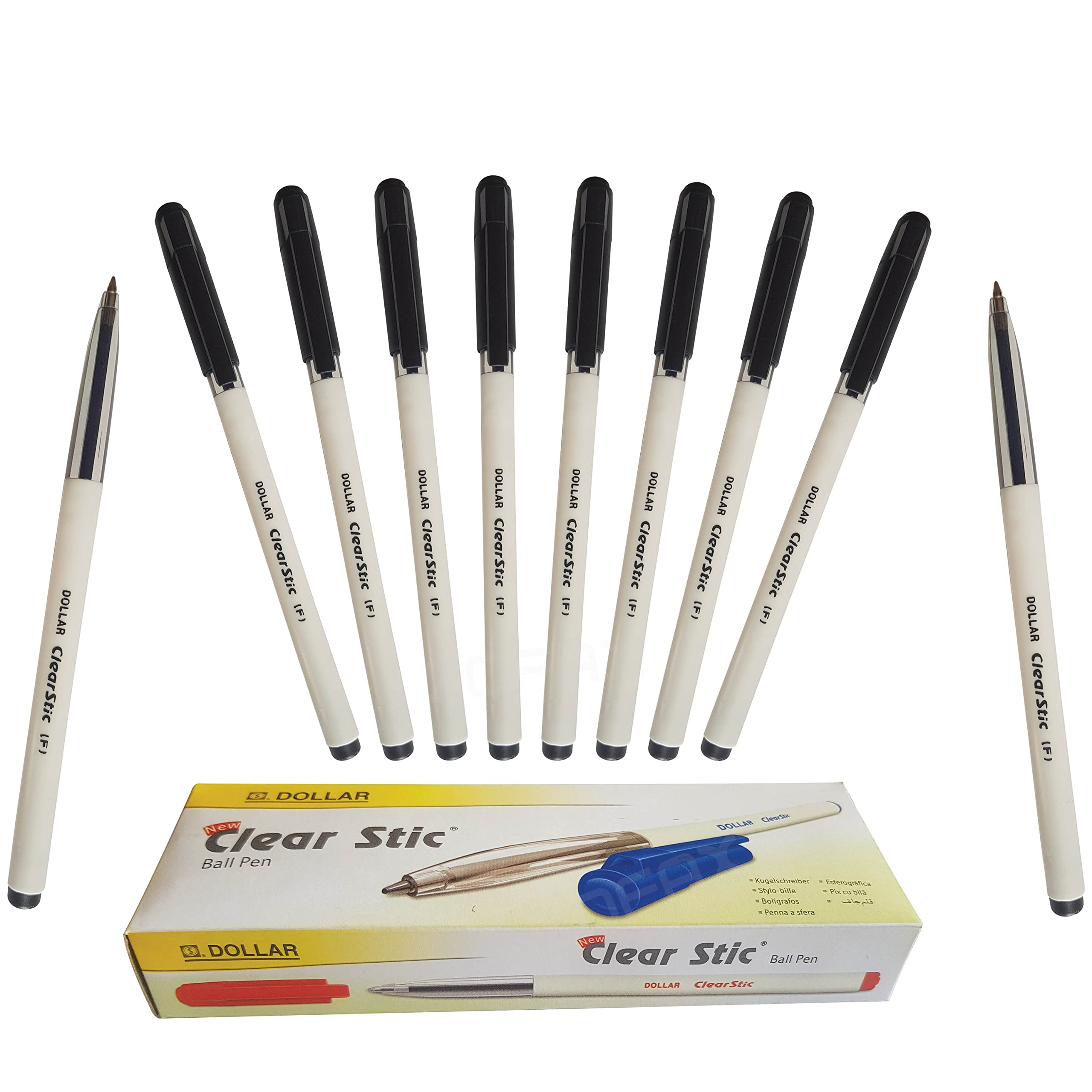 DOLLAR 10 x 0.8mm Clear Stic Ball Pen BLACK Ballpoint Biro Pens Smooth Writing