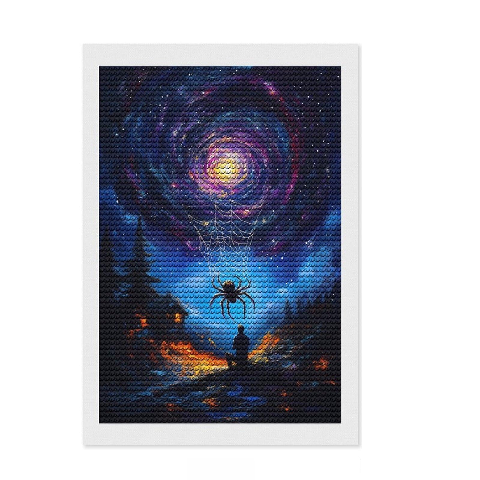 Junmoney Spider and The Galaxy DIY Diamond Art Canvas Kit 8"x12", Calming Craft to Unwind, Adhesive Canvas, Aesthetic Room Decor, Christmas Gift