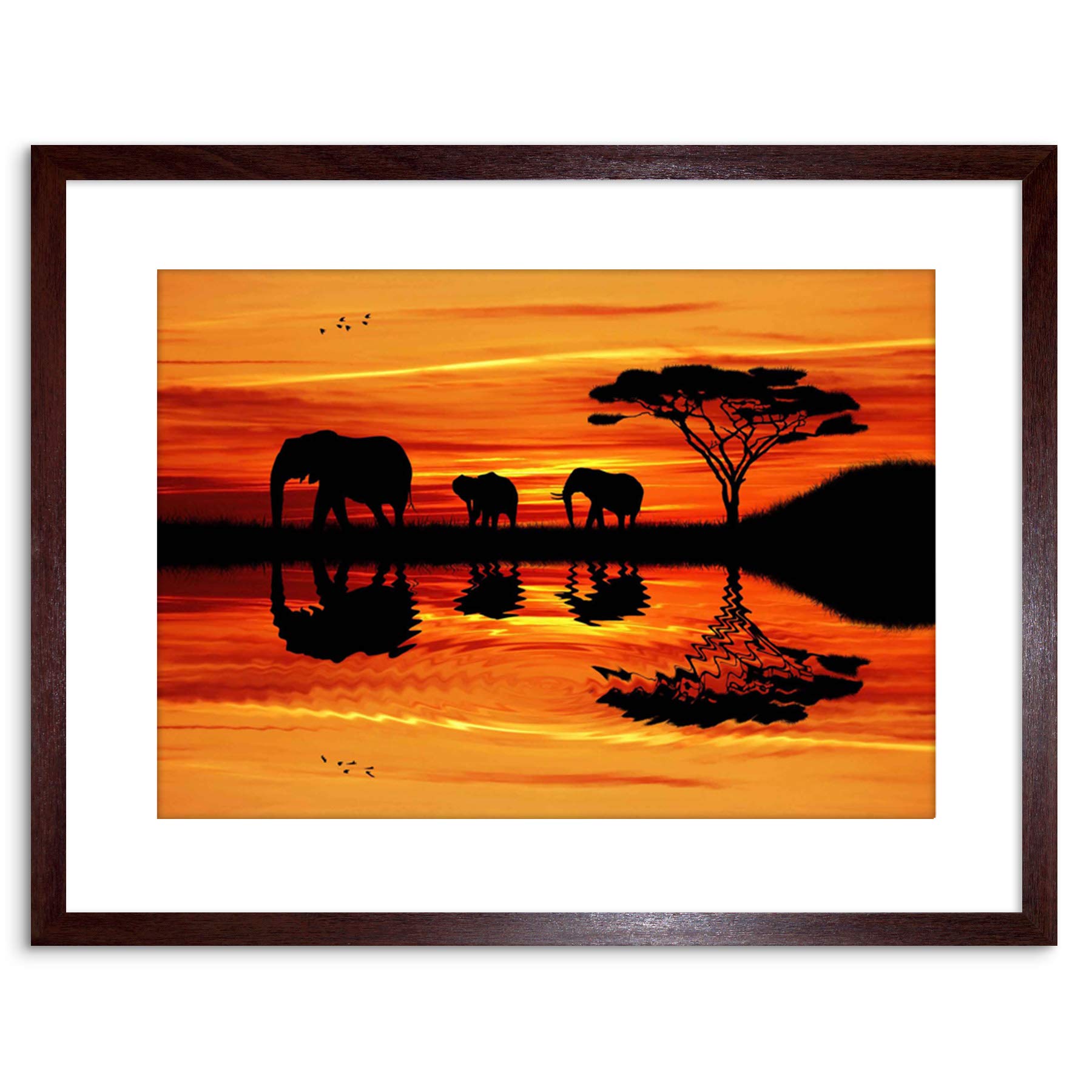 Wee Blue Coo Photo African Elephant Silhouette Sunset Framed Wall Art Print