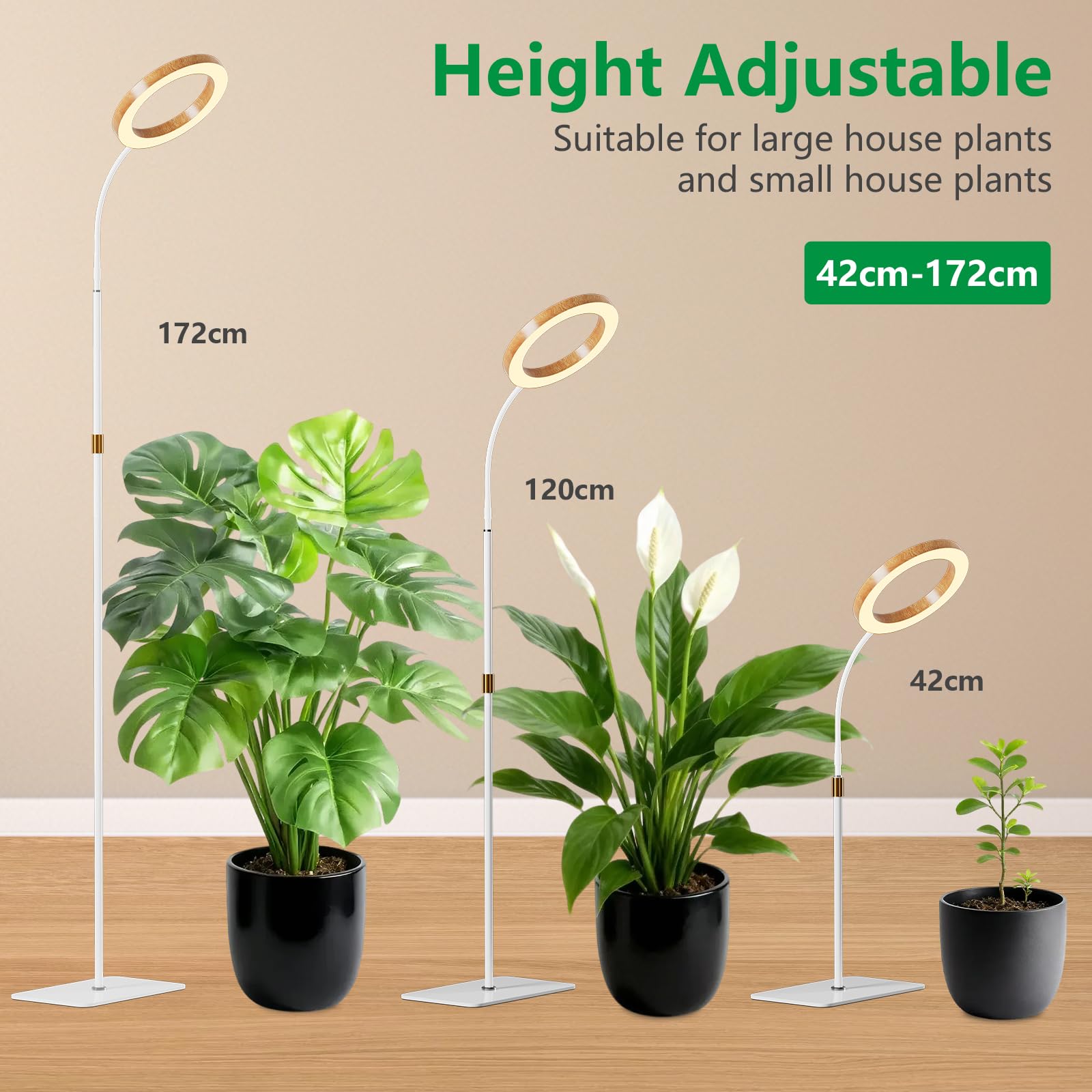 Lampada per piante da interno con supporto, lampada da terra per piante, timer 6/12/18 ore, altezza regolabile 42-170cm, per piante di grandi dimensioni e arredamento (1 testa, finitura finto legno)