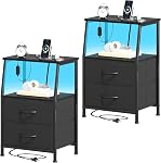 Somdot Night Stands with 2 Fabric Drawers, Bedside Table with Charging Station and LED Lights, Small Nightstand for Bedroom, Dorm, Closet, Entryway, Black