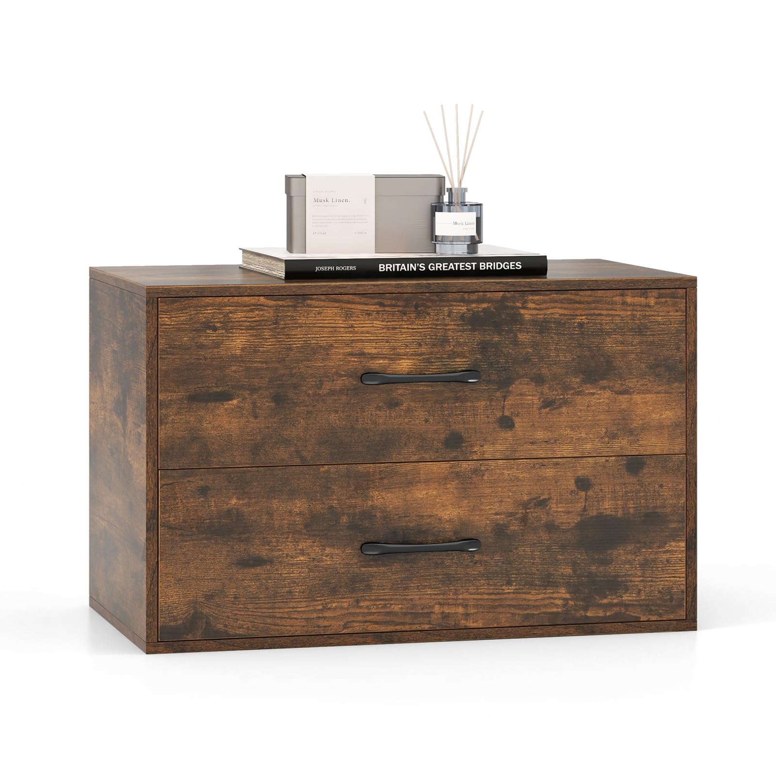 COSTWAY Wooden Chest of Drawers, Stackable 2-Drawer Dresser Storage Cabinet, Freestanding Bedside Chest Cupboard Organiser Unit for Bedroom, Living Room, Closet and Hallway, 60x34x38cm (Rustic Brown) — image 1