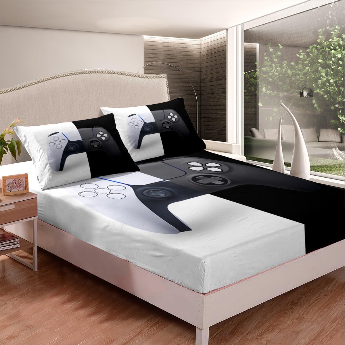 White Black Fashion Modern Style Fitted Sheet Queen Size Kids Gaming Bedding Sheet Set No Top Sheet,Gamepad Gamer Bed Cover Ultra Soft Breathable Bedding 3 Pcs