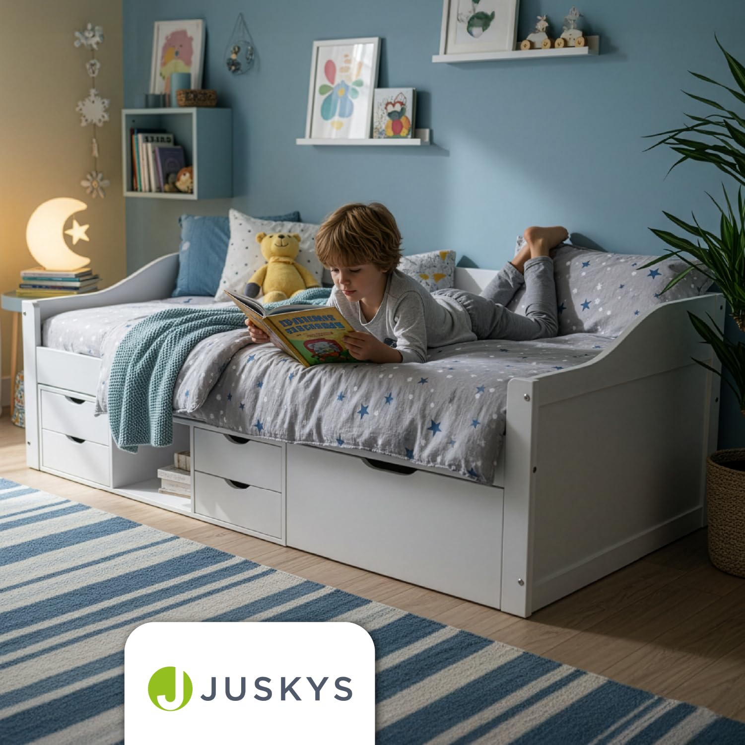 Juskys Letto per bambini 90x200 con cassetti e rete a doghe – letto in legno massiccio di pino con contenitore – letto singolo per bambina e bambino – bianco