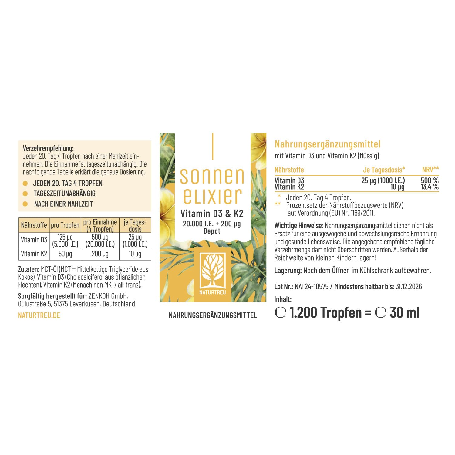 NATURTREU® Vitamin D3 K2 Tropfen hochdosiert & vegan - 20.000 I.E Vitamin D3 + K2 MK7 200 mcg pro Dosis (Depot)