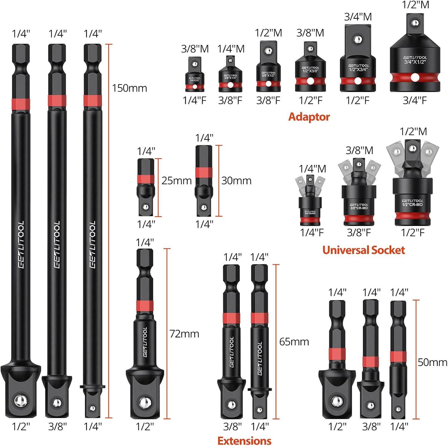 GETLITOOL 20Pcs Socket Adapter Set, Universal Joint Socket Set with Drive Adapters & Extension Bars, 42CRMO Steel, Rust-Resistant, EVA Foam Organizer for DIY, Automotive, and Repairs