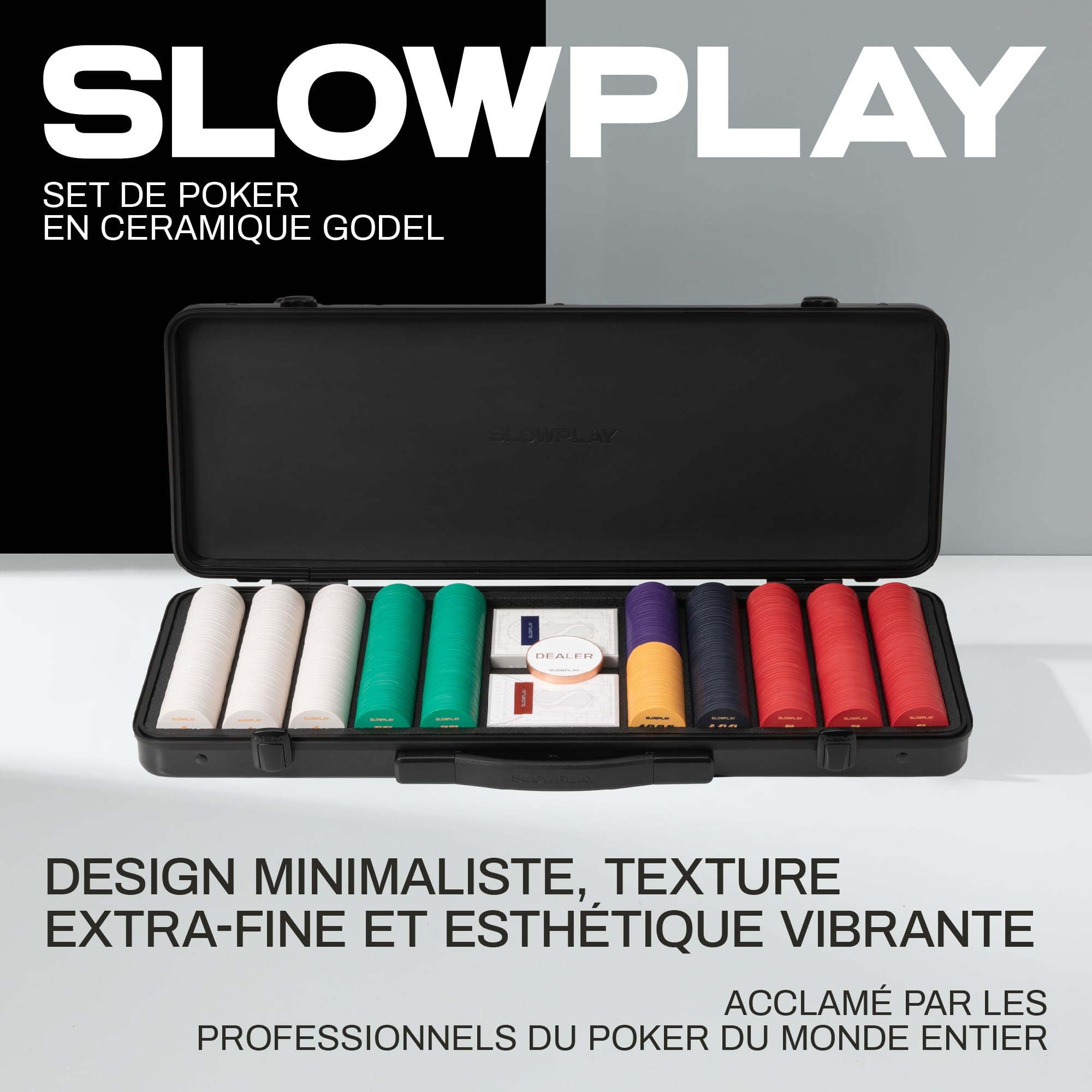 SLOWPLAY Set Poker céramique Godel, jetons 10 g/39 mm, Texas Hold’em | 500 pièces numérotées; mallette PC premium effet miroir; jetons composite céramique; style minimaliste