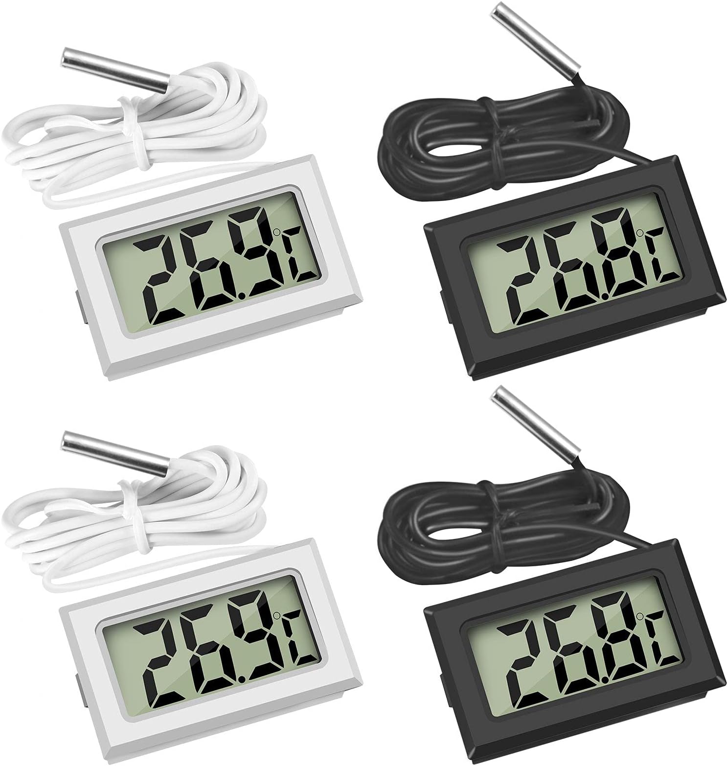 Thlevel Mini Digital Thermometer Room Thermometer Fridge Thermometer with Probe for Freezer Refrigerator 2 Black 2 White