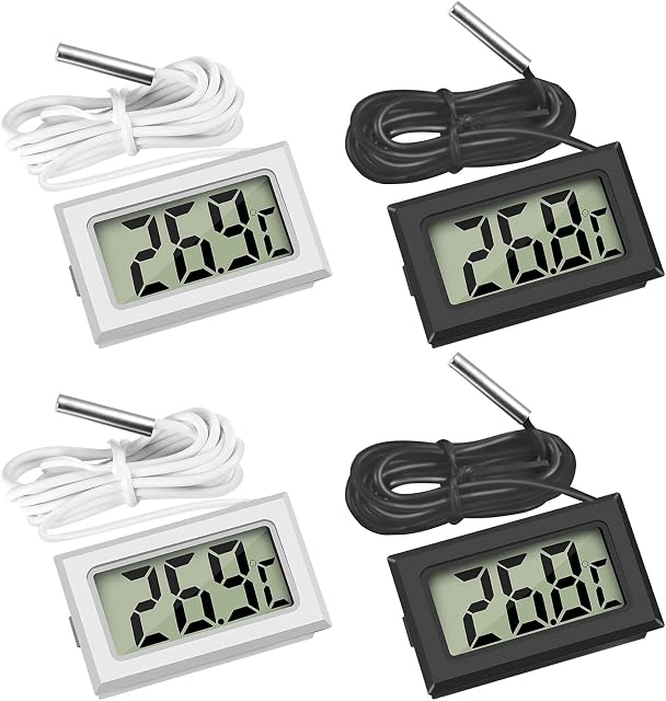 Thlevel 4x Digital LCD Thermometer Temperature Monitor with External Probe for Fridge Freezer Refrigerator Aquarium (2x Black 2x White)