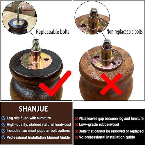 Miniatura 4 de Patas de madera para muebles de 6 pulgadas, juego de 4 patas de sofá redondas marrones, piezas de repuesto para gabinete, aparador, cama, aparador,