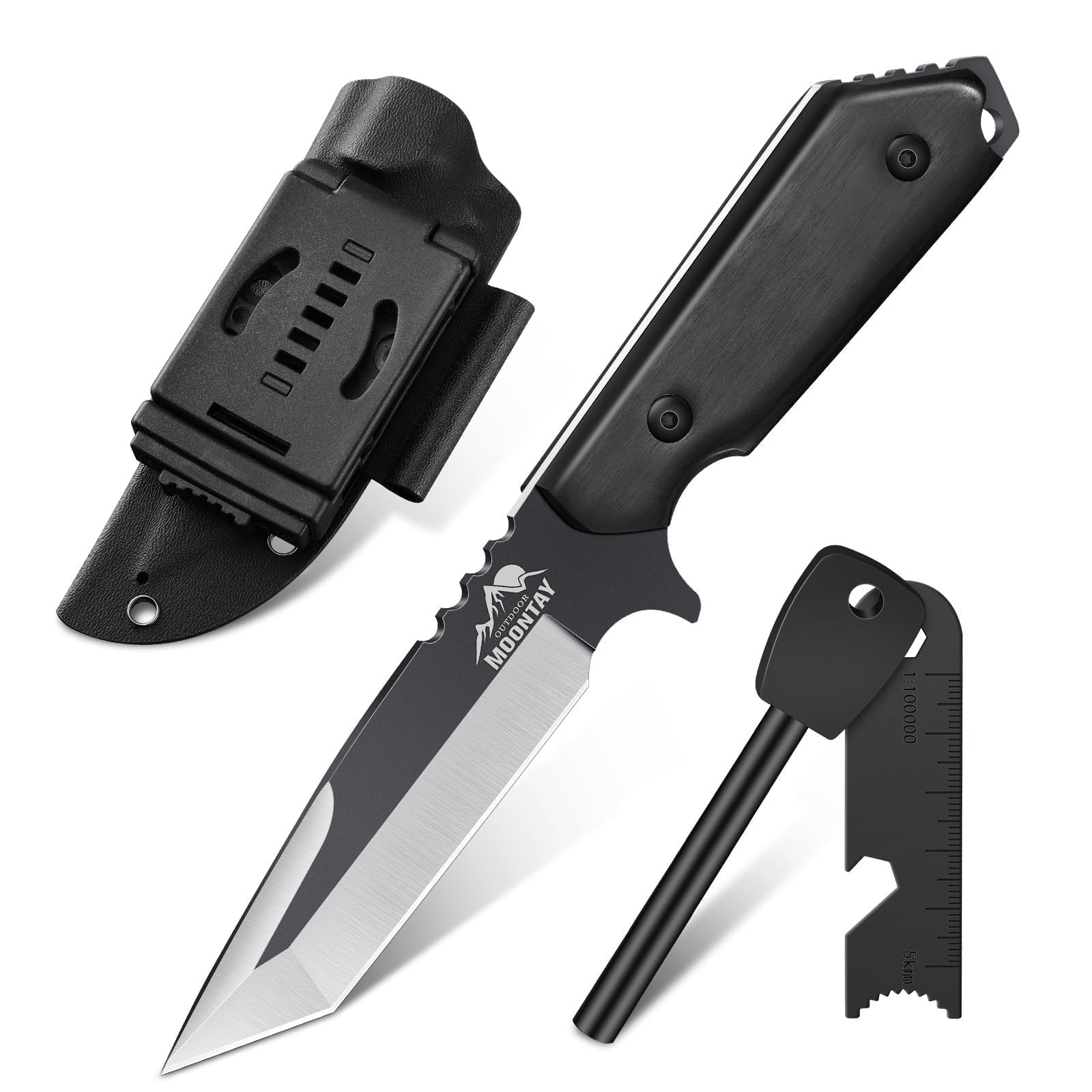Moontay Cuchillo de Supervivencia con Pedernal, Hoja Fija Tanto de Acero 440C, Cuchillo de Caza con Funda, Full Tang con Mango de Madera, Cuchillo Multiusos Camping, Regalo para Hombres