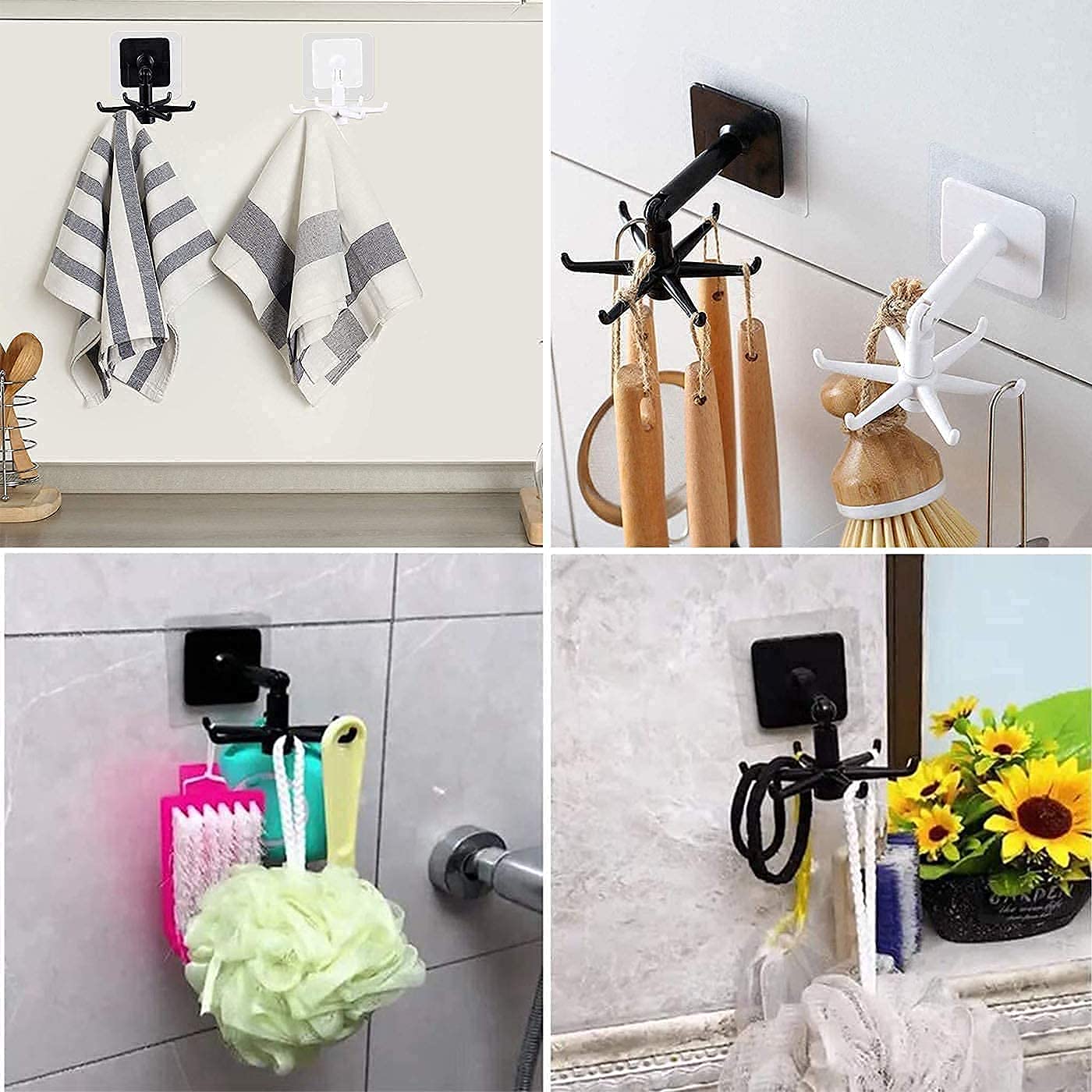 NOBILEA Folding Hook Self-Adhesive 180 Degrees Vertical and 360-Degree Rotating 5 Claw Hooks for Bathroom, Kitchen, Office etc.. (Black & White)(Pack of 4) 4