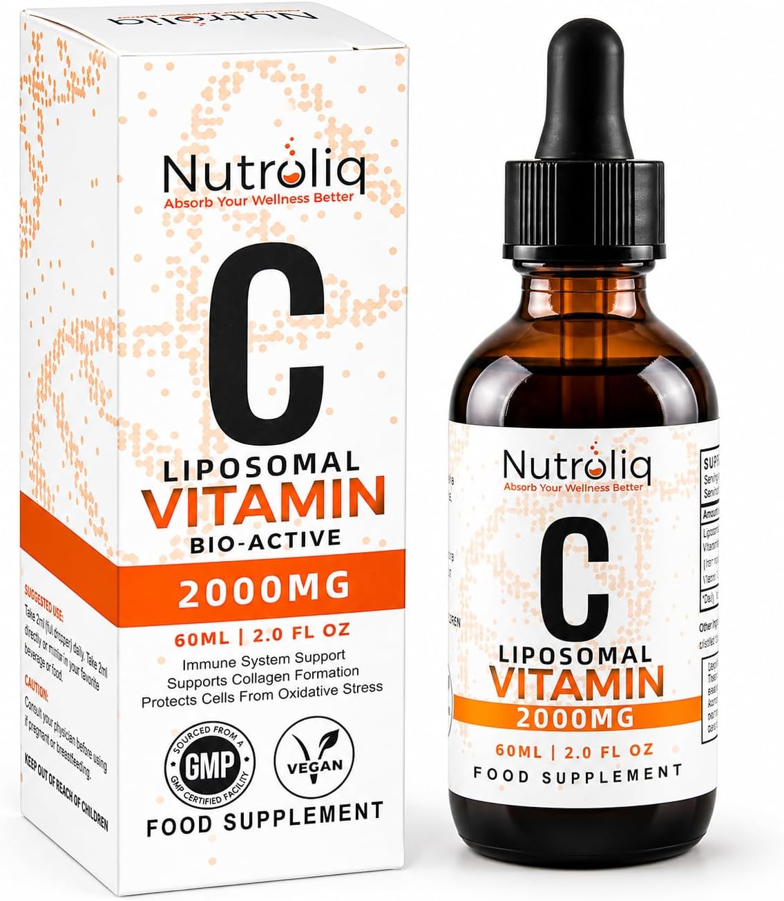Nutroliq Liposomal Vitamin C Liquid Drops - Vegan Supplements for Men & Women's Health - Helps Boost Immune System - Quick-Absorbing, 2000mg Per Serving, Natural Orange Flavour - 60ml Glass Bottle