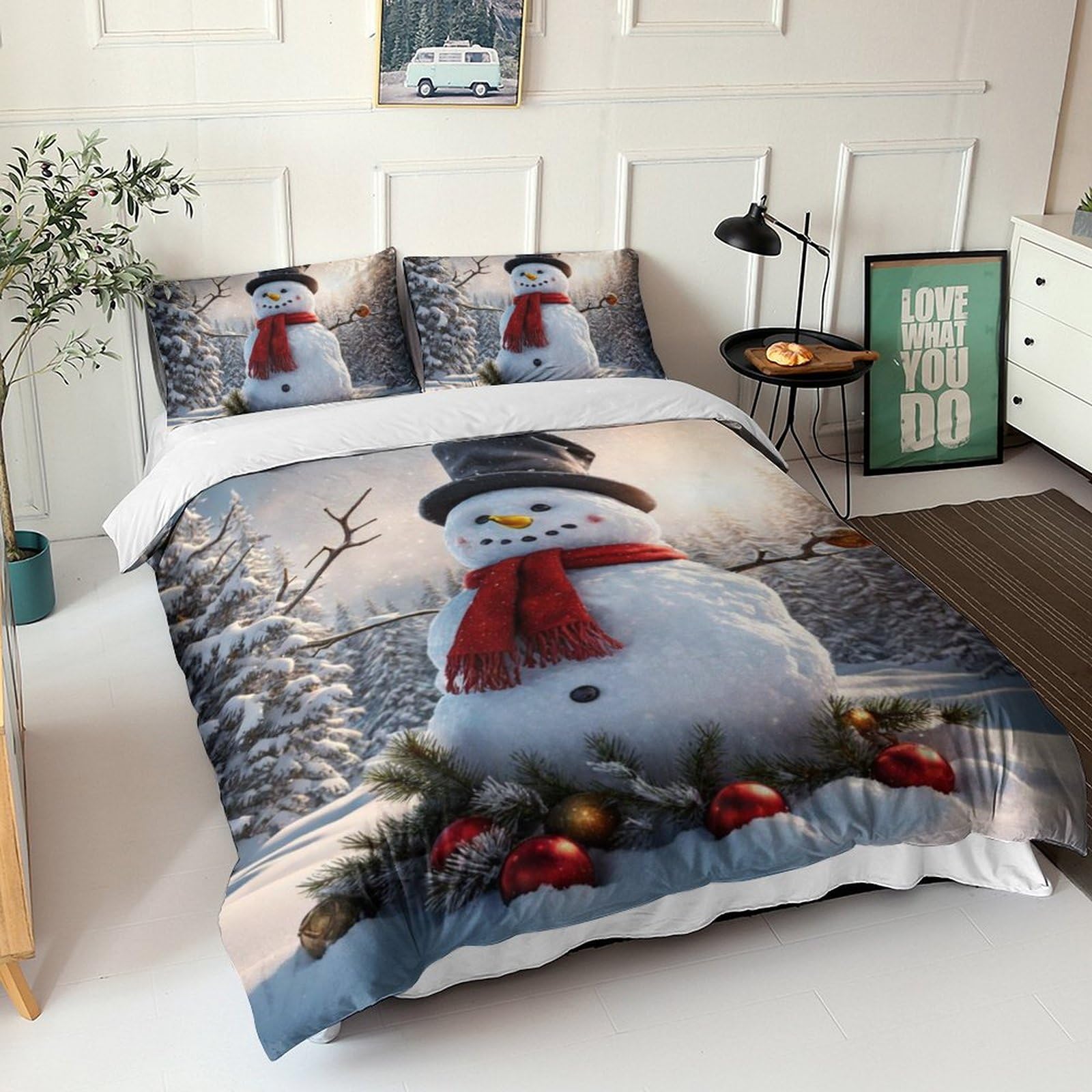 Housse de couette bonhomme de neige pour parure de lit 3 pièces microfibre 3d de Noël chambre