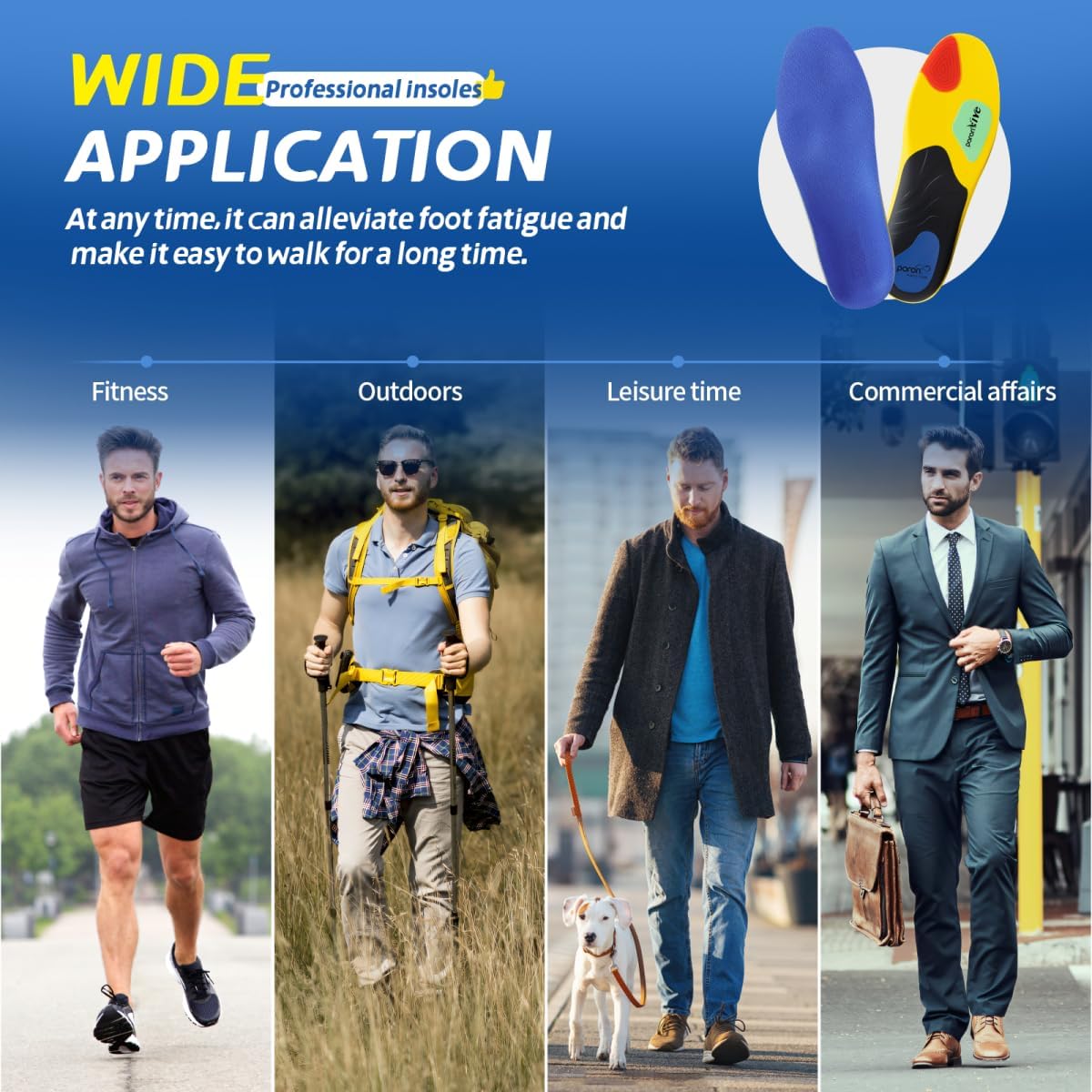 Professional Sport Insoles with Medium Arch Support and Shock Absorption for Plantar Fasciitis and Flat Feet Pain Relief in Men and Women, Orthotics Shoe Insert, Breathable & Anti-Slip, Blue, M - Image 7