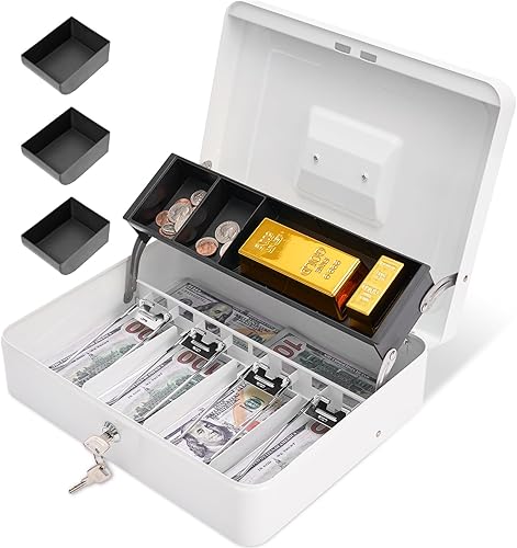 Caja de efectivo con cerradura y 2 llaves, caja de dinero de metal con bandeja para efectivo, caja fuerte con cerradura, 4 ranuras para billetes5