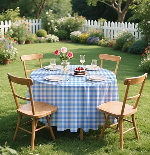 Miniatura 7 de SietDESEO Paquete de 2 manteles redondos de cuadros azul claro de 84 x 84 pulgadas, manteles desechables a cuadros azules y blancos, para camping,