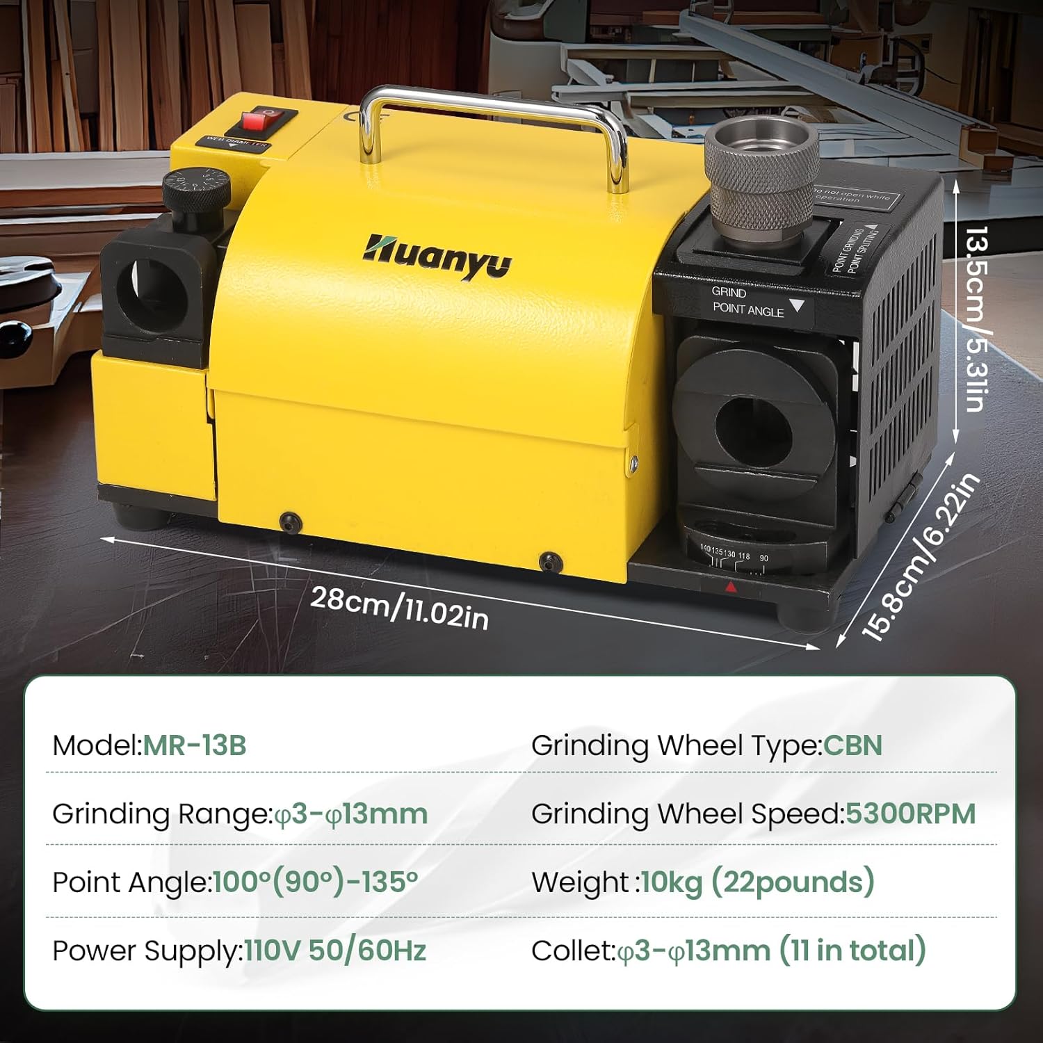 Huanyu Drill Bits Sharpener Portable Drill Bit Grinder End Mill Re-Sharpener with 11 Collects Angle Adjustable High-precision MR-13B (110V, CBN wheel for HSS)