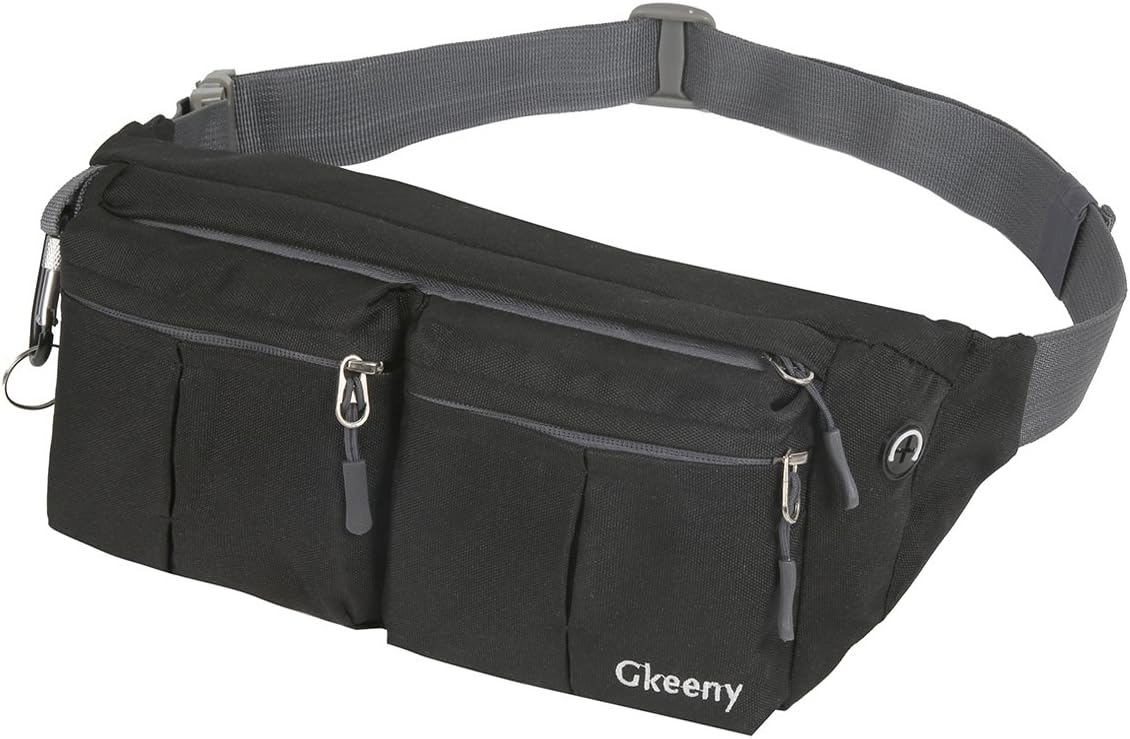 Gkeeny Waist Bag Lightweight Bumbag Fanny Pack with 4 Zipper Pockets For Men Women Outdoor Travel Running Belt for Hiking Jogging Camping Bike Cycling Dog Walking Climbing (Black)