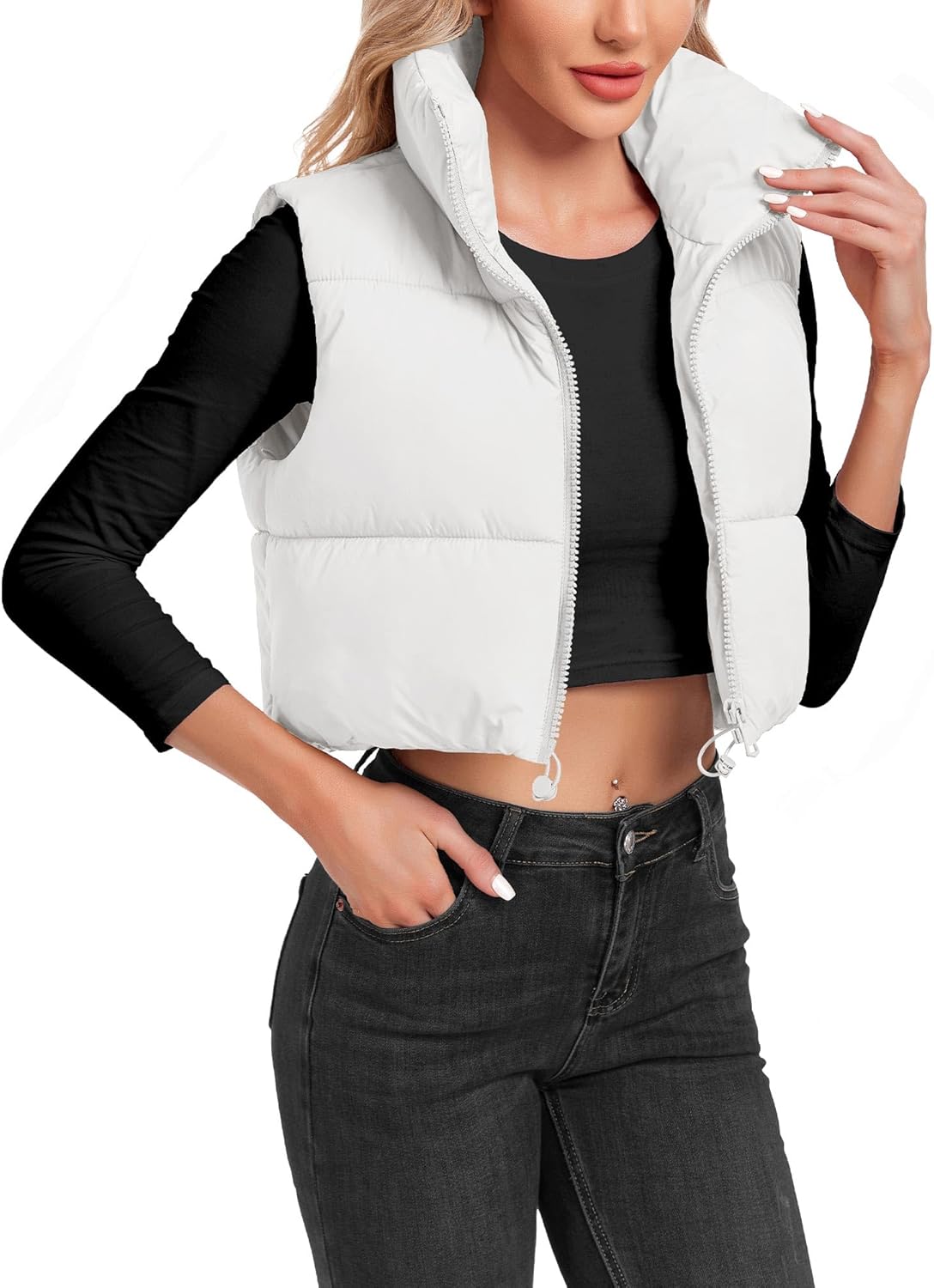 Women's Cropped Puffer Vest Sleeveless High Stand Collar Crop Outerwear Zip Up Warm Padded Gilet - Image 2