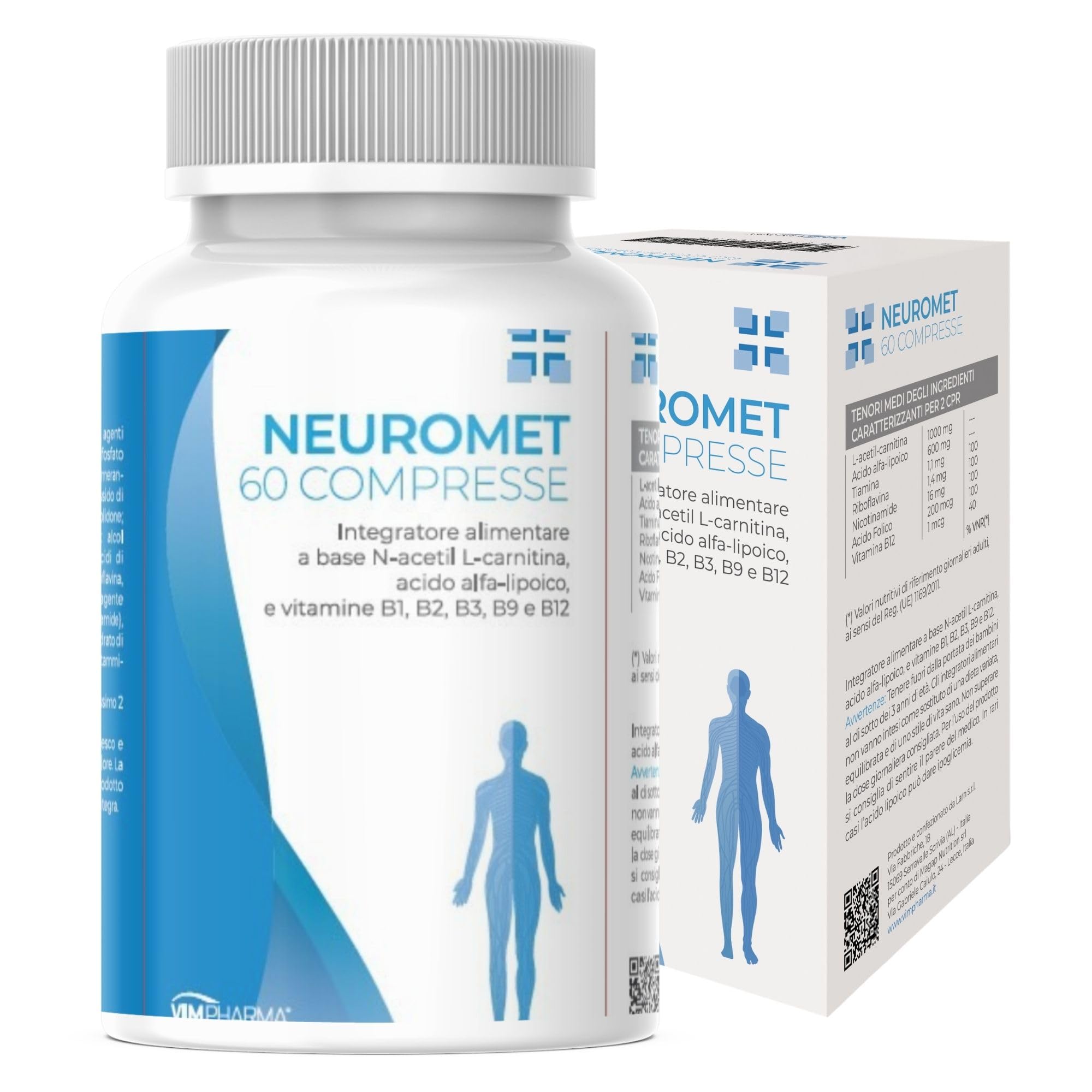 VIMPHARMA Integratore di Acetil l Carnitina Acido Alfa Lipoico Niacina NEUROMET Vegano Naturale Efficace per benessere Sistema Nervoso Stanchezza 60 Cpr Made in Italy