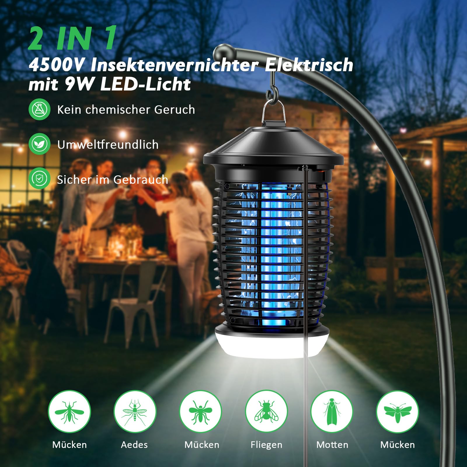 PALONE Insektenvernichter Elektrisch, 4500V Elektrischer Mückenlampe mit 20W UV & 9W LED Licht & 1,2M Kabel, Wirksam Reduzieren Fliegender Insekten für Küche Garten