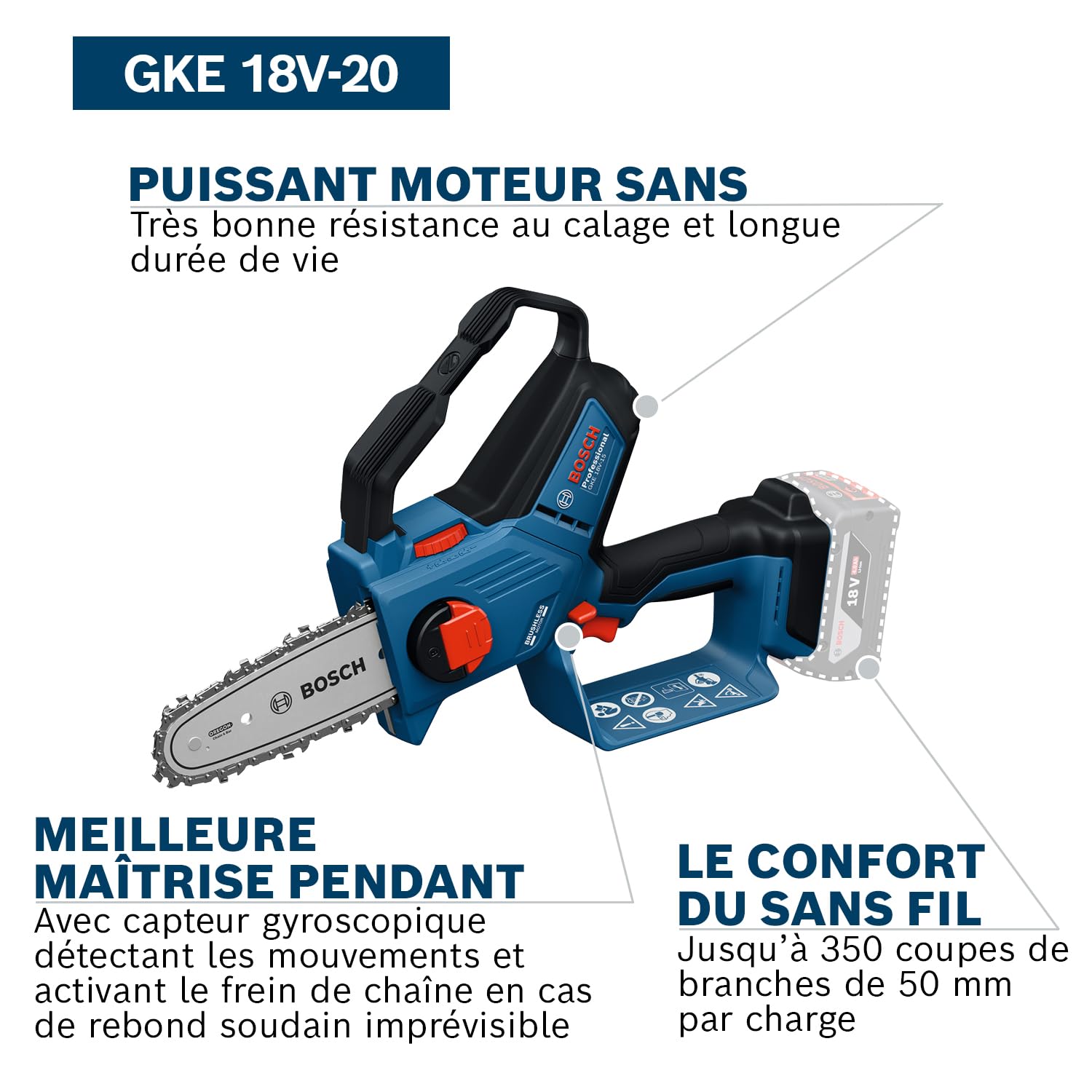 Bosch Professional 18V System Élagueuse GKE 18V-20 (jusqu'à 350 coupes par charge, coupe jusqu'à 18 cm, moteur sans charbons, fourreau de 20 cm, sans batterie)