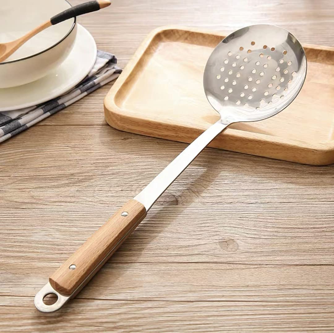 HEXONIQ® Stainless Steel Kitchen Skimmer, Colander with Long Heat Resistant Wood Handle, 37x10 cm 1