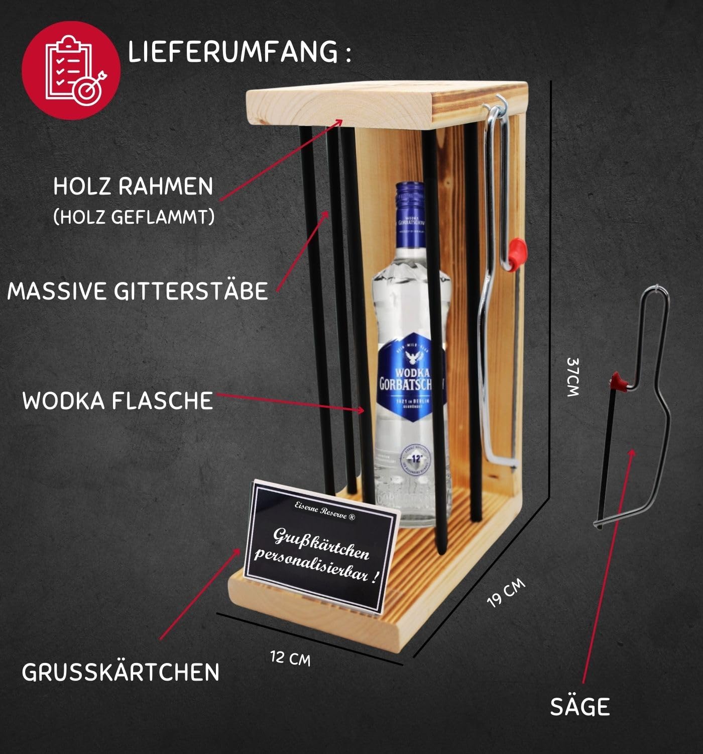 Personalisierte Geschenke für Männer Frauen Geschenkidee mit Namen - Eiserne Reserve Black Edition Wodka (1 x 0.70 l) incl. Notsäge - Papa Mama Geburtstag Hochzeit
