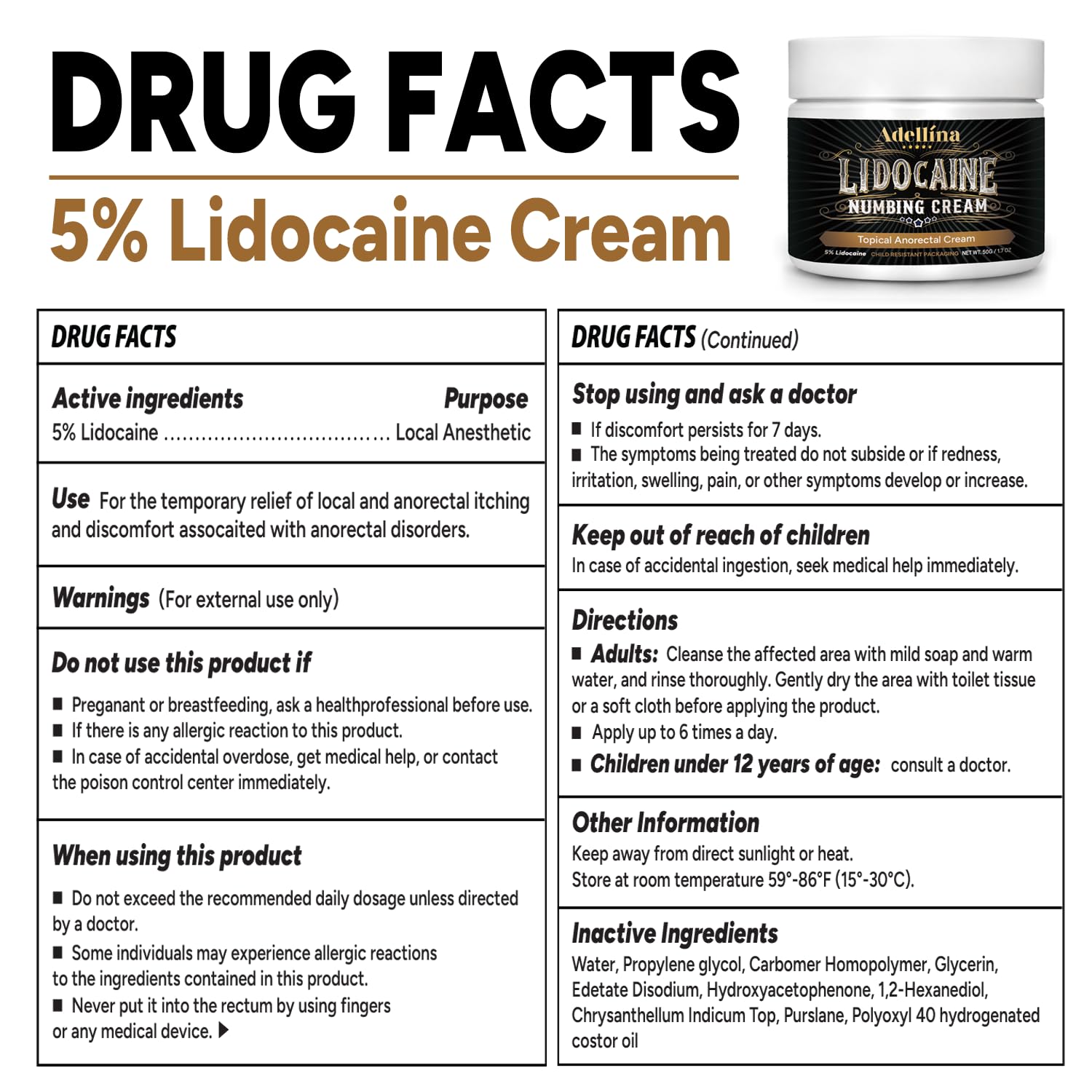 Adellina 5% Lidocaine Numbing Cream: Maximum Strength Lidocaine Cream for Temporary Relief of Itching, Burning, Soreness & Hemorrhoid Discomfort, Fast-Acting Topical Analgesic, 1.7 oz — Amazon image 7