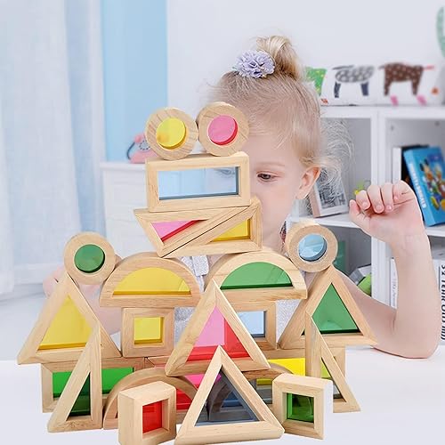 Miniatura 6 de Agirlgle Juego de bloques de construcción de madera para niños, 24 piezas, apilador de arco iris, juego de juguetes de construcción, juguetes