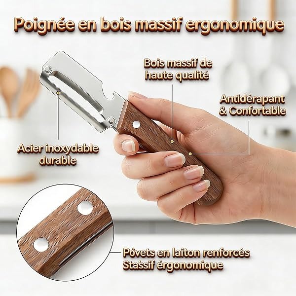 Éplucheur multifonction professionnel en inox avec manche en bois – 3 en 1: économe légumes, coupe viande pour barbecue & décapsuleur–Ustensile de cuisine polyvalent pour légumes,fruits,viande (2 PCS) - 5