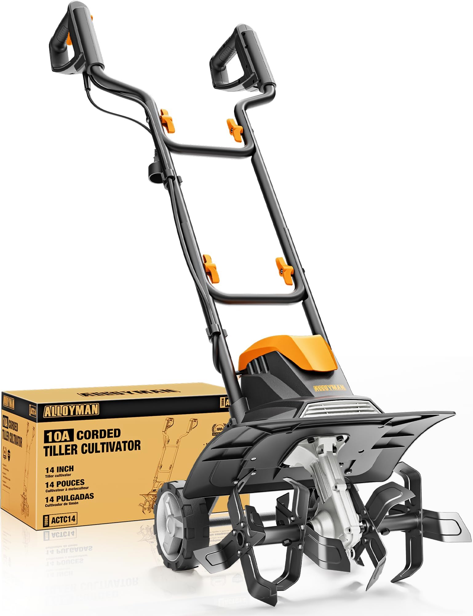 Alloyman 10-Amp Electric Tiller Cultivator, 14 Inch Tilling Width 8.7-Inch Corded Tiller with Foldable Handle, Adjustable Wheels Rototiller for Garden Lawn Yard Soil Cultivation