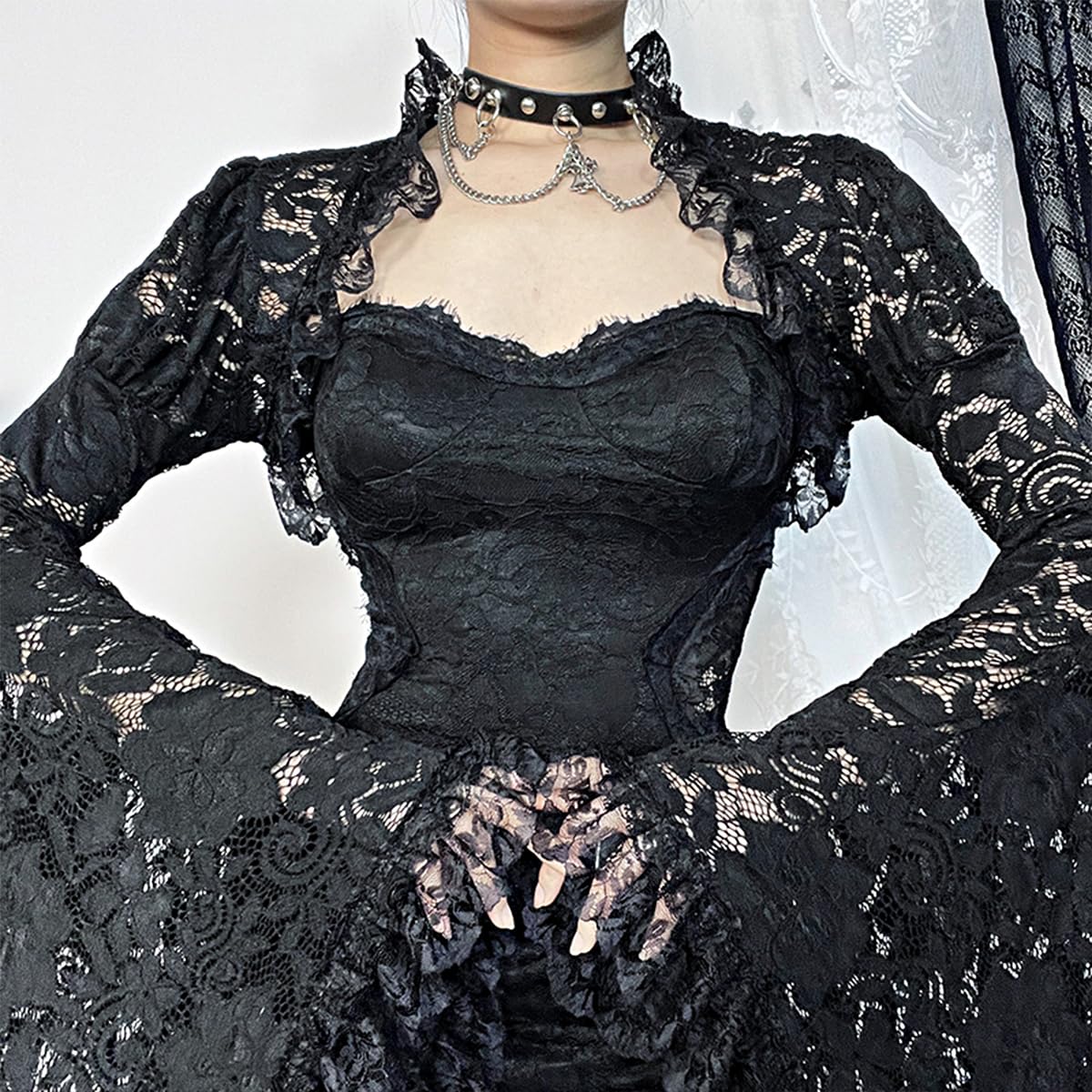 L'VOW Women's Lace Bolero Shrug Goth Crop Top Victorian Lace Sleeves for Witch Vampire Cosplay