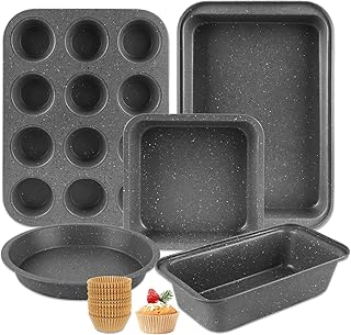 Baking Pans Set, 5 Piece Grey Marble Nonstick Bakeware with 100 Cupcake ...