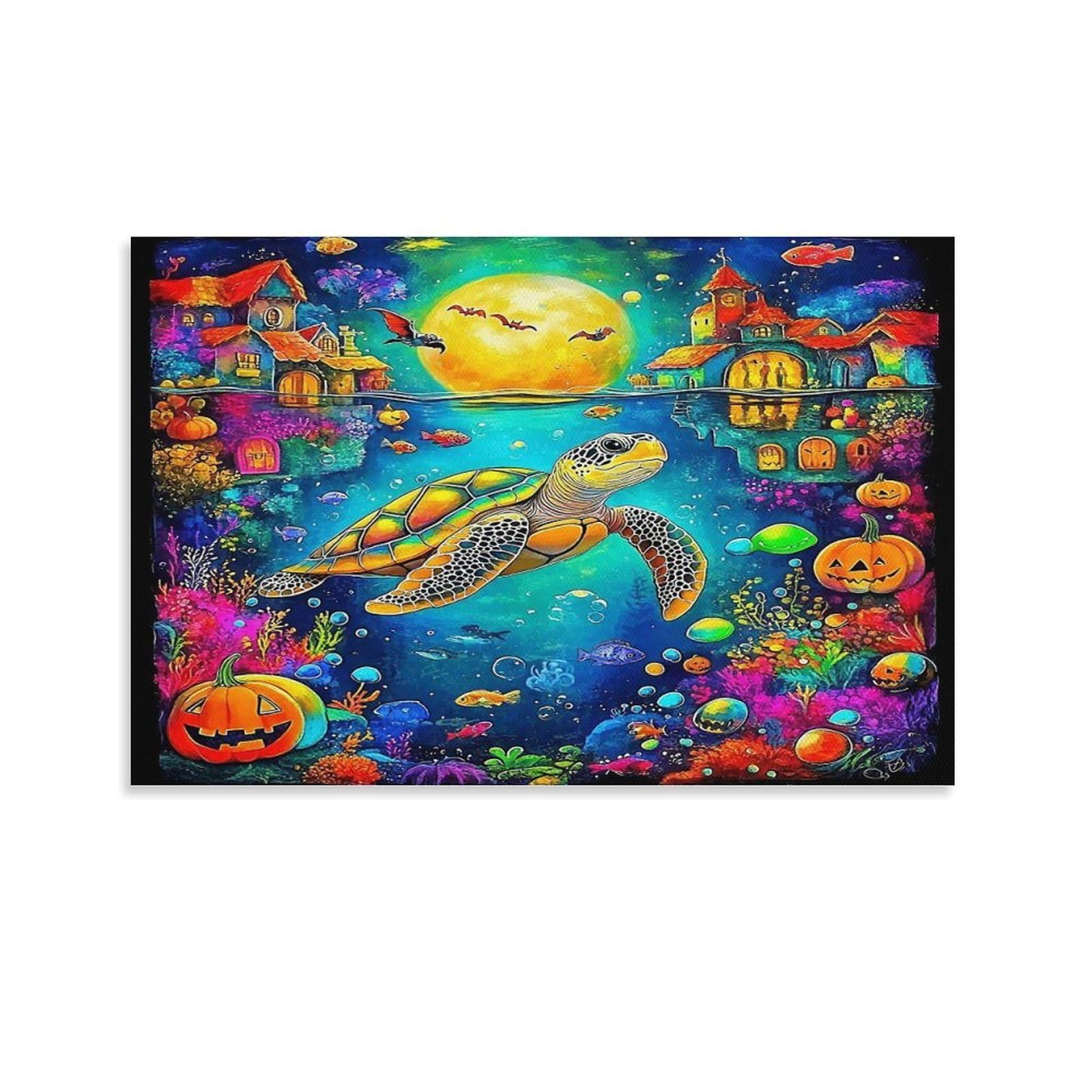 Sea Turtle Swimming Through N-Shaped Coral Reef Single Piece Halloween Underwater Turtle with Pumpkins Canvas Print - Kitchen Canvas Wall Decor Easy to Clean Removable Focal Point 20x30inch(50x75cm)