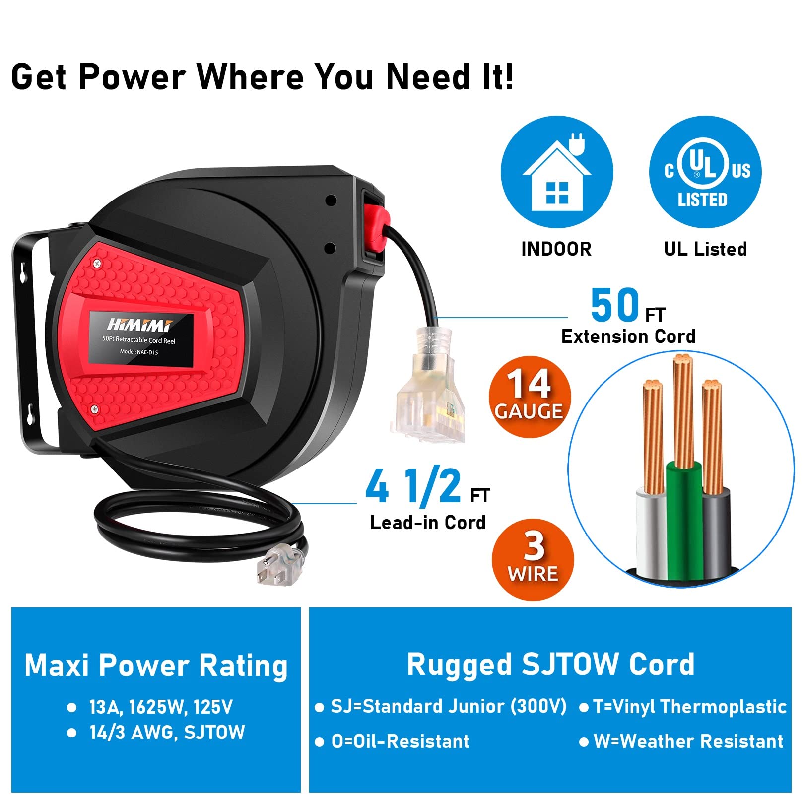Buy 50Ft Retractable Extension Cord Reel, 14 AWG/3C SJTOW Power Cord