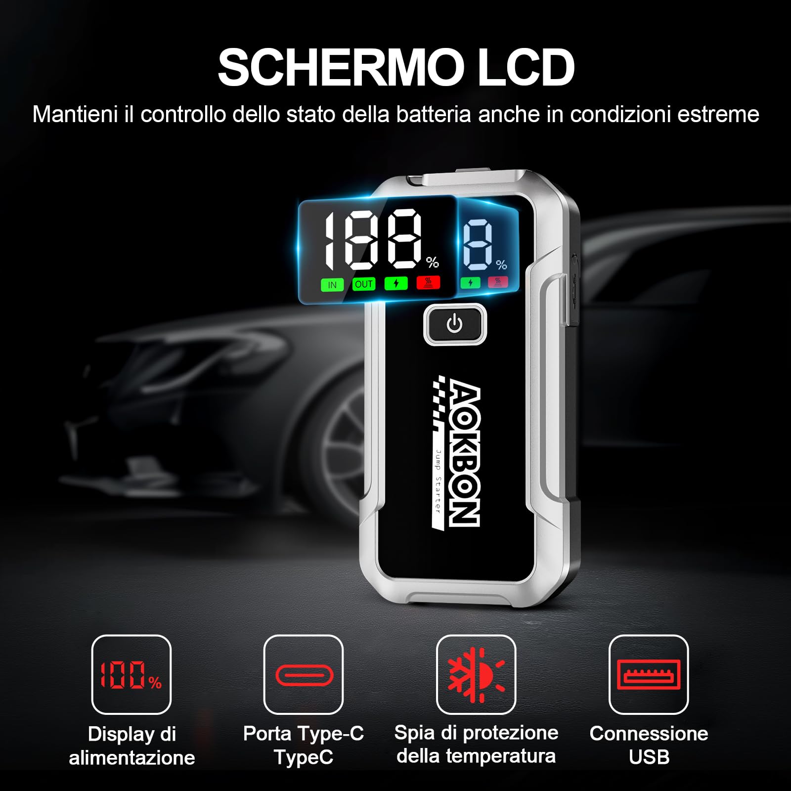 Avviatore Batteria Auto 7000A Avviatore di Emergenza per Auto Moto Fino All Ges 10,0L Diesel 12V Starter Batteria Portatile con Torcia a LED