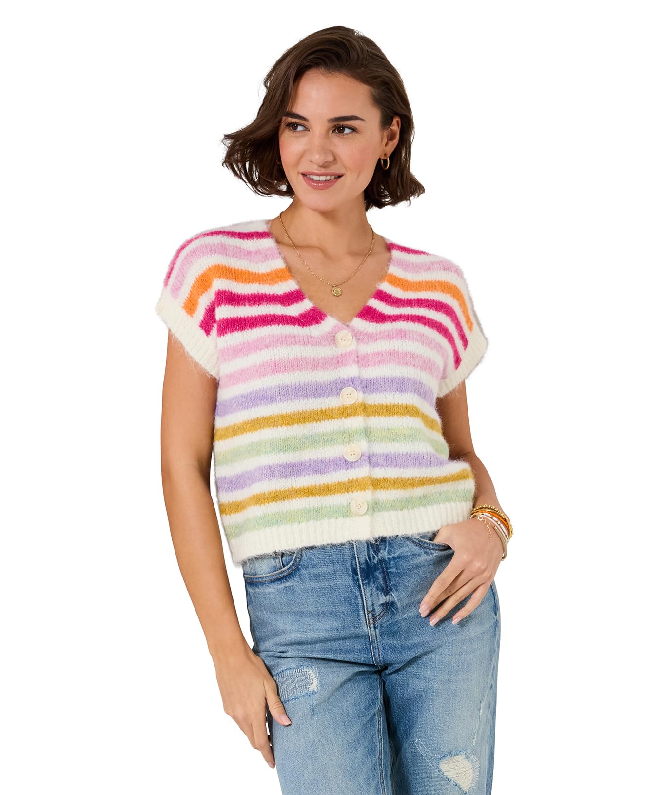 Joe Browns Women's Cream Stripe V Neck Sleeveless Cardigan, Regular, Uk 14