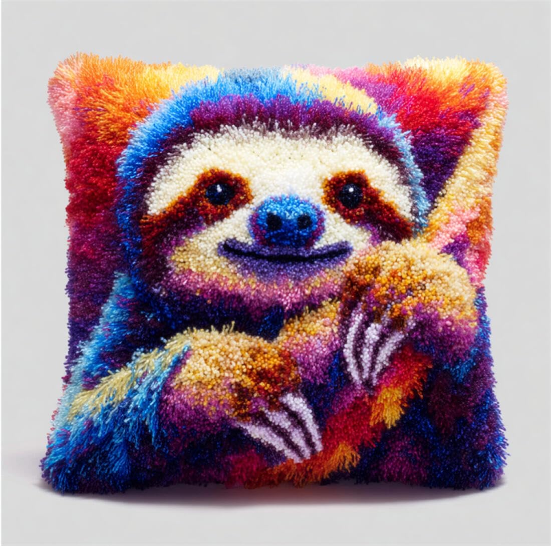 Kitquiver Animal Latch Hook Craft Kits Colorful Sloth DIY Tapestry Throw Pillow Cover Needlepoint Cushion Kits for Home Décor Needlework Kit for Beginners 17x17In