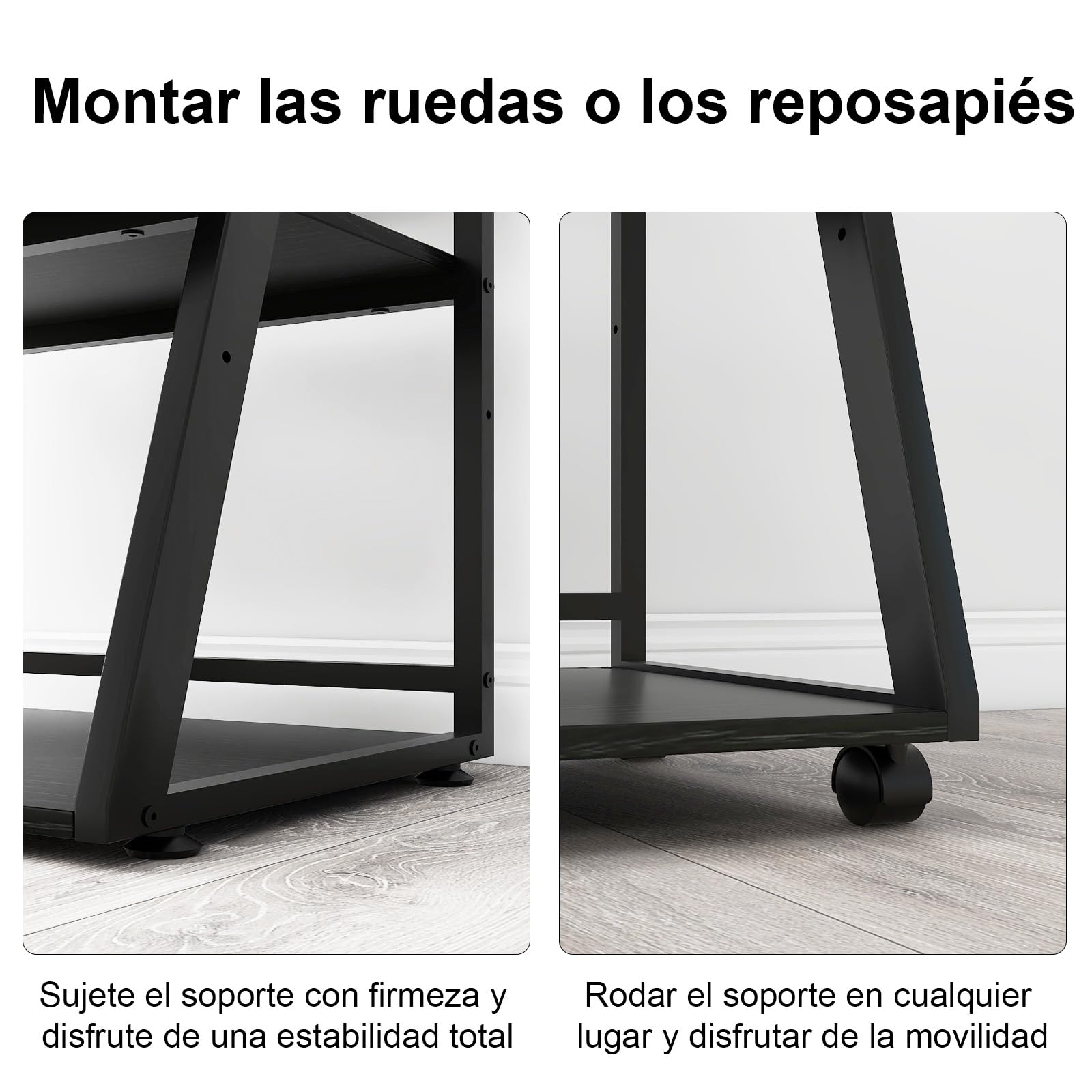PUNCIA Soporte para Impresora con Ruedas Carrito de 3 Niveles Ajustable 50x40cm Estantería de Madera y Metal para Impresora Fotocopiadora Escáner Mueble Organizador de Oficina Negro