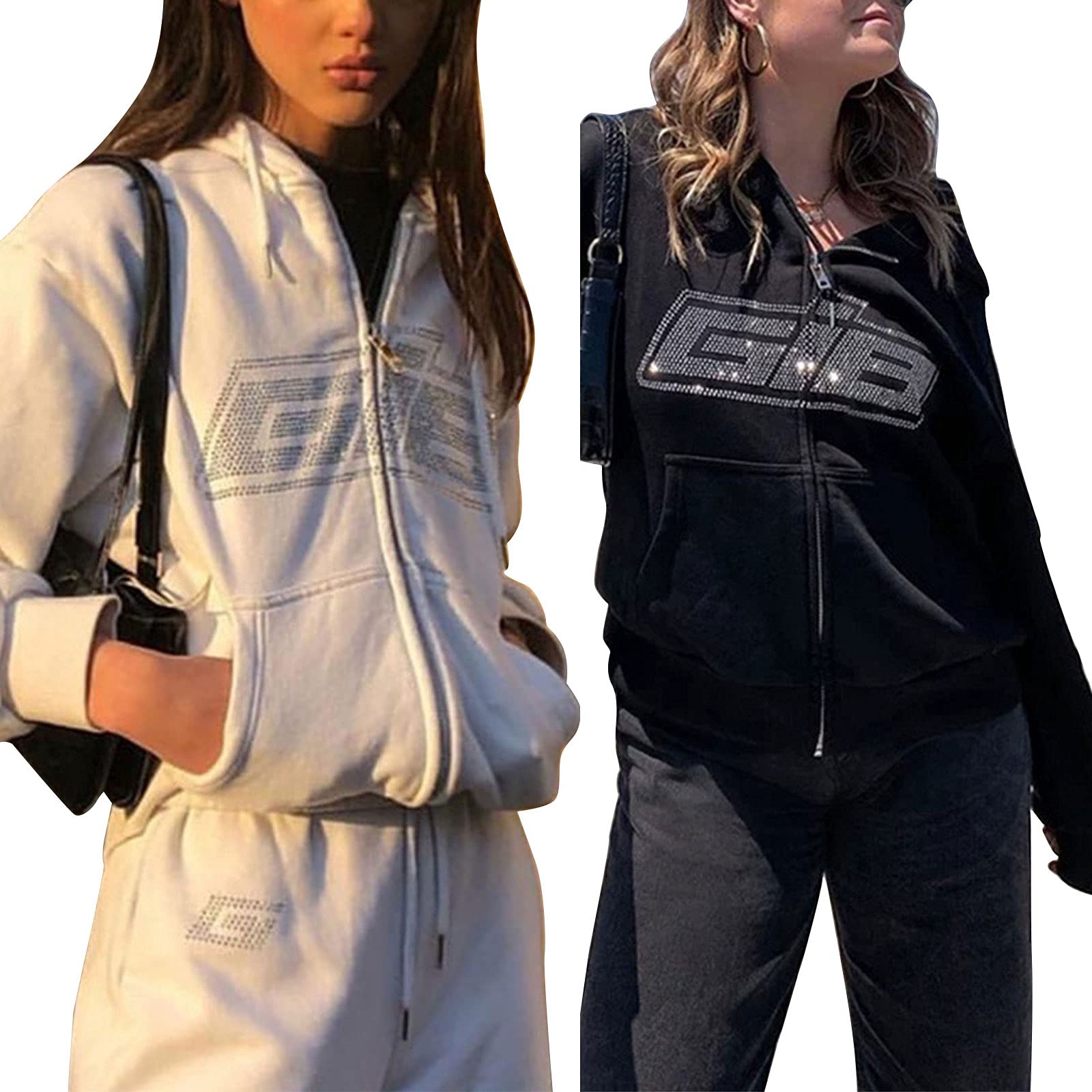 Y2K Estetico Felpa Con Cappuccio Zip Up Pullover Felpe Strass Oversize Sciolto Manica Lunga Con Cappuccio Top Con Tasca Nero L