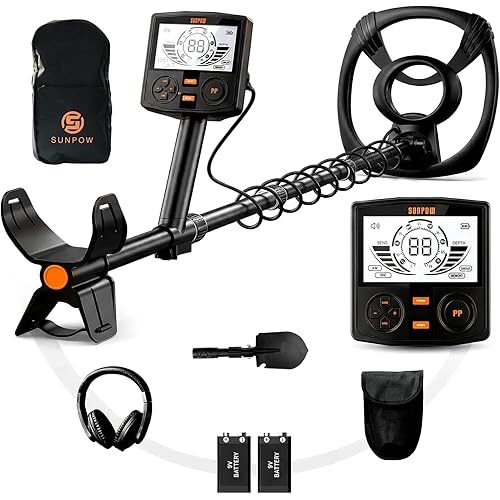 SUNPOW Professional Metal Detector for Adults - Pinpoint Accurate & Easy to Use - 12" Waterproof Coil, 2X Backlit LCDs, DSP Chip, 5 Modes - Adjustable (19"-59") for Beach, Field, Garden