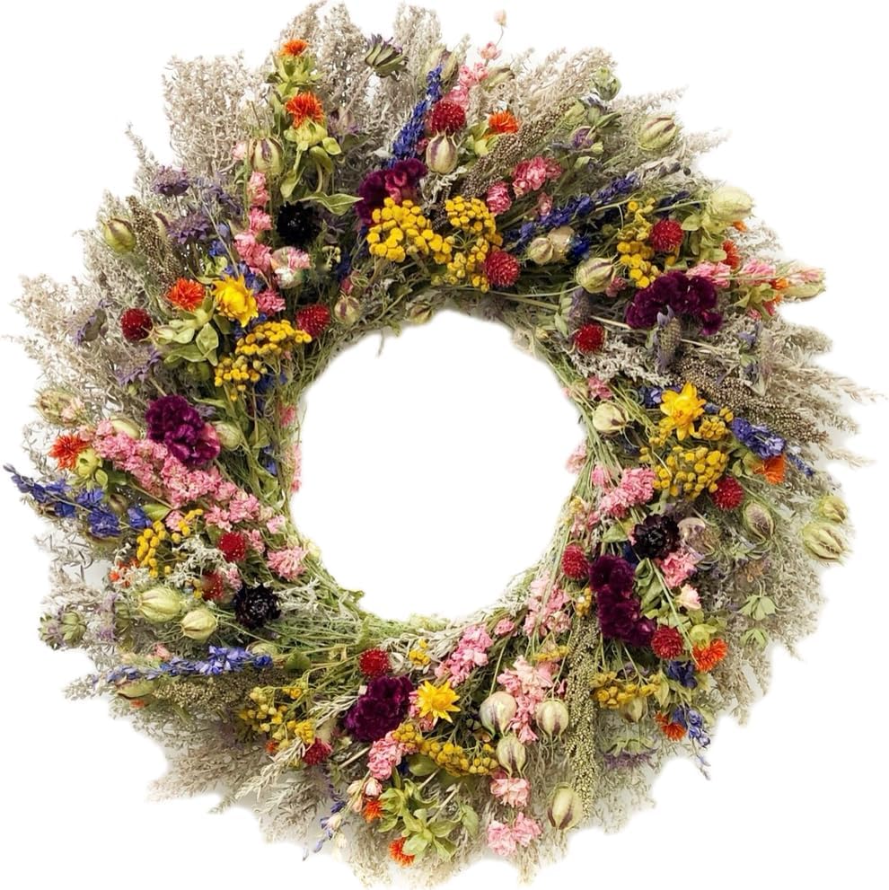 VanCortlandt Farms Meadow Blossoms Wreath - Dried Flowers, Everlasting, Organic, Handmade, Natural, Gift, Colorful, Mother's Day, Easter, Wildflowers, Pink, Pastel, Real (22 inches)