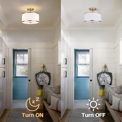 Miniatura 4 de Lámpara de techo semiempotrada de lujo, lámpara de tambor de 3 luces con acabado de latón dorado y pantalla de tela, ideal para dormitorio, cocina,