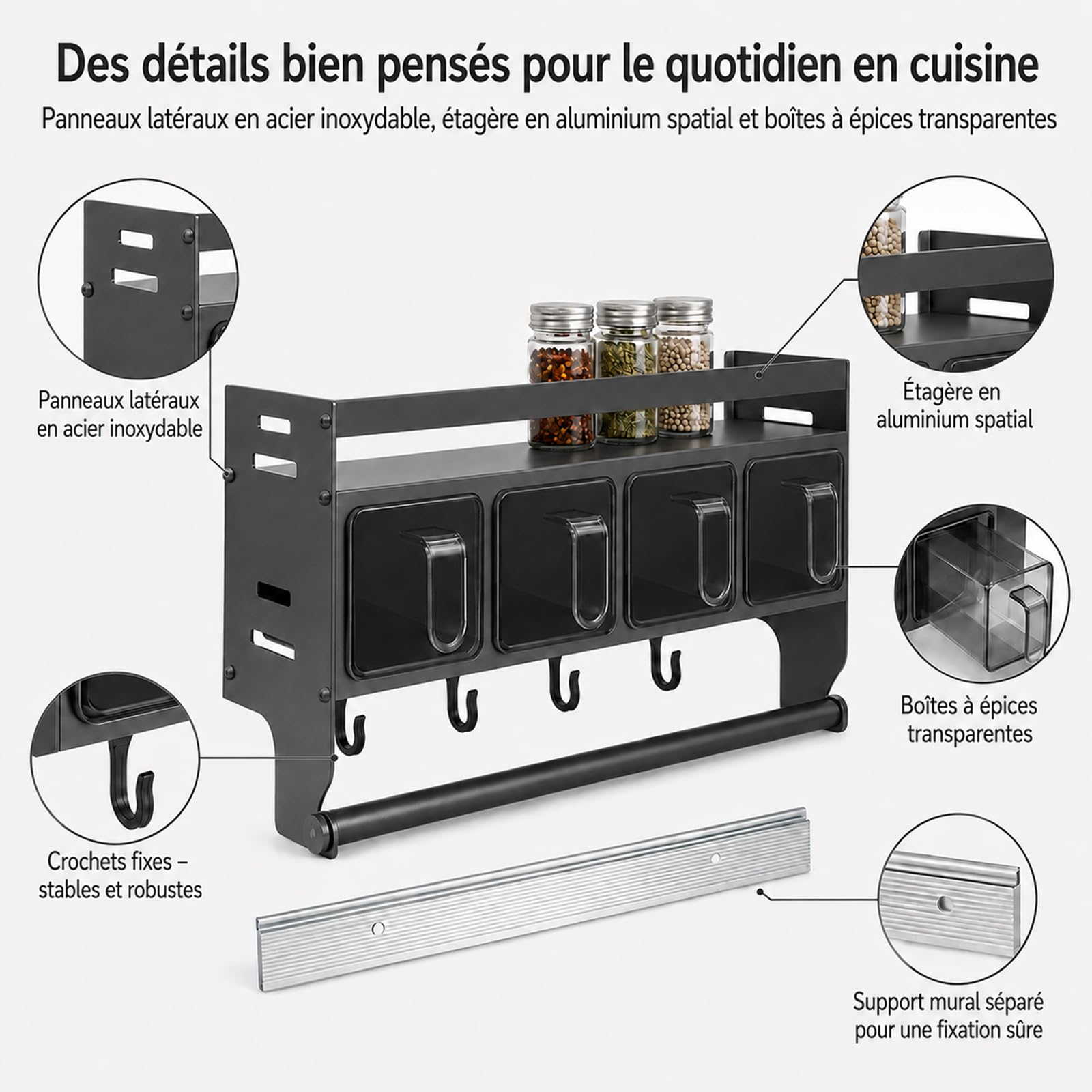 Porte-épices sans perçage, porte-épices pour cuisine à suspendre, avec porte-rouleau d'épices mural avec pots pour le stockage dans la cuisine d'épices,huile (avec 4 boîtes