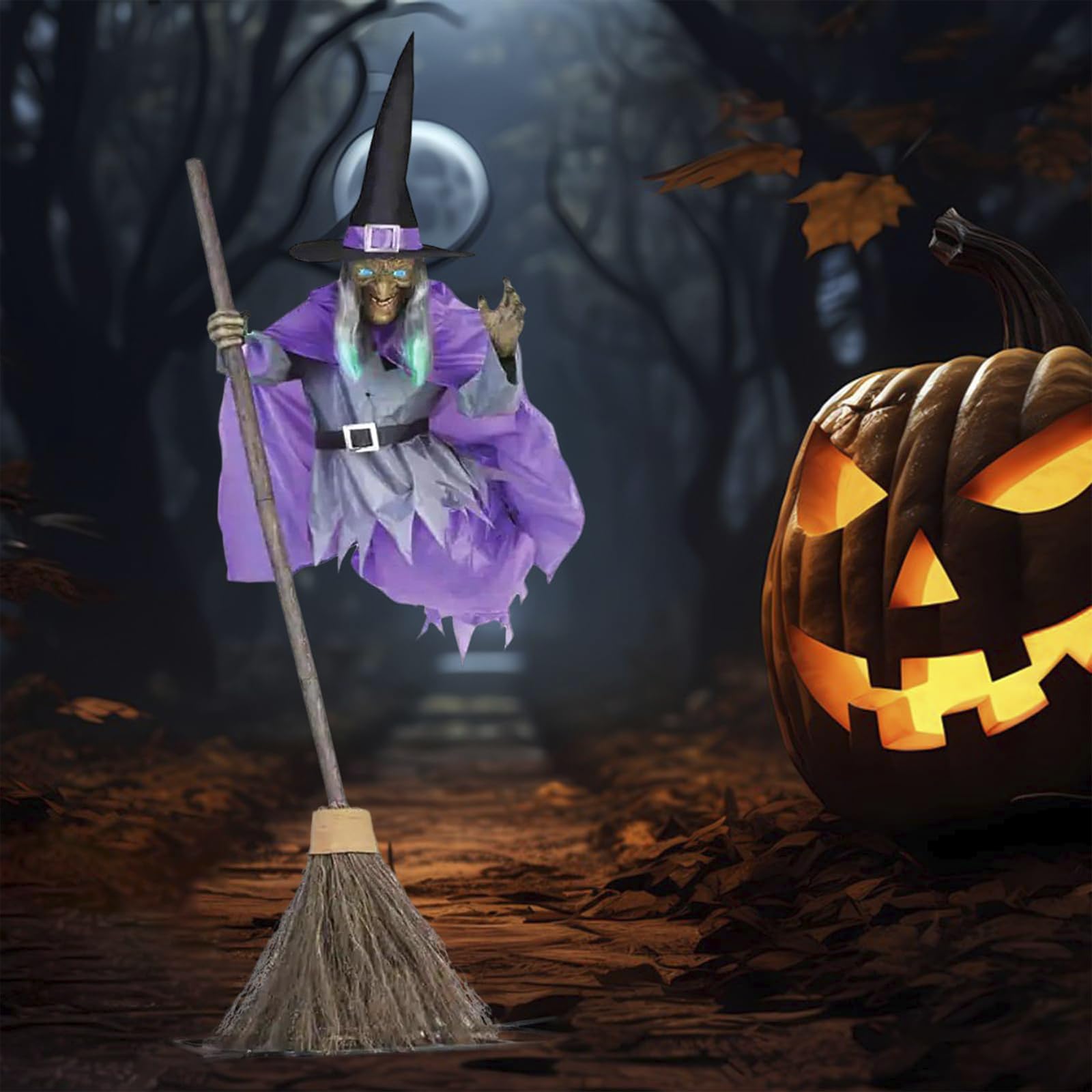 Fliegende Hexe Auf BesenHalloween, Animatronic Halloween Figuren mit Gruseligem Sound und Lichtern für Outdoor Deko