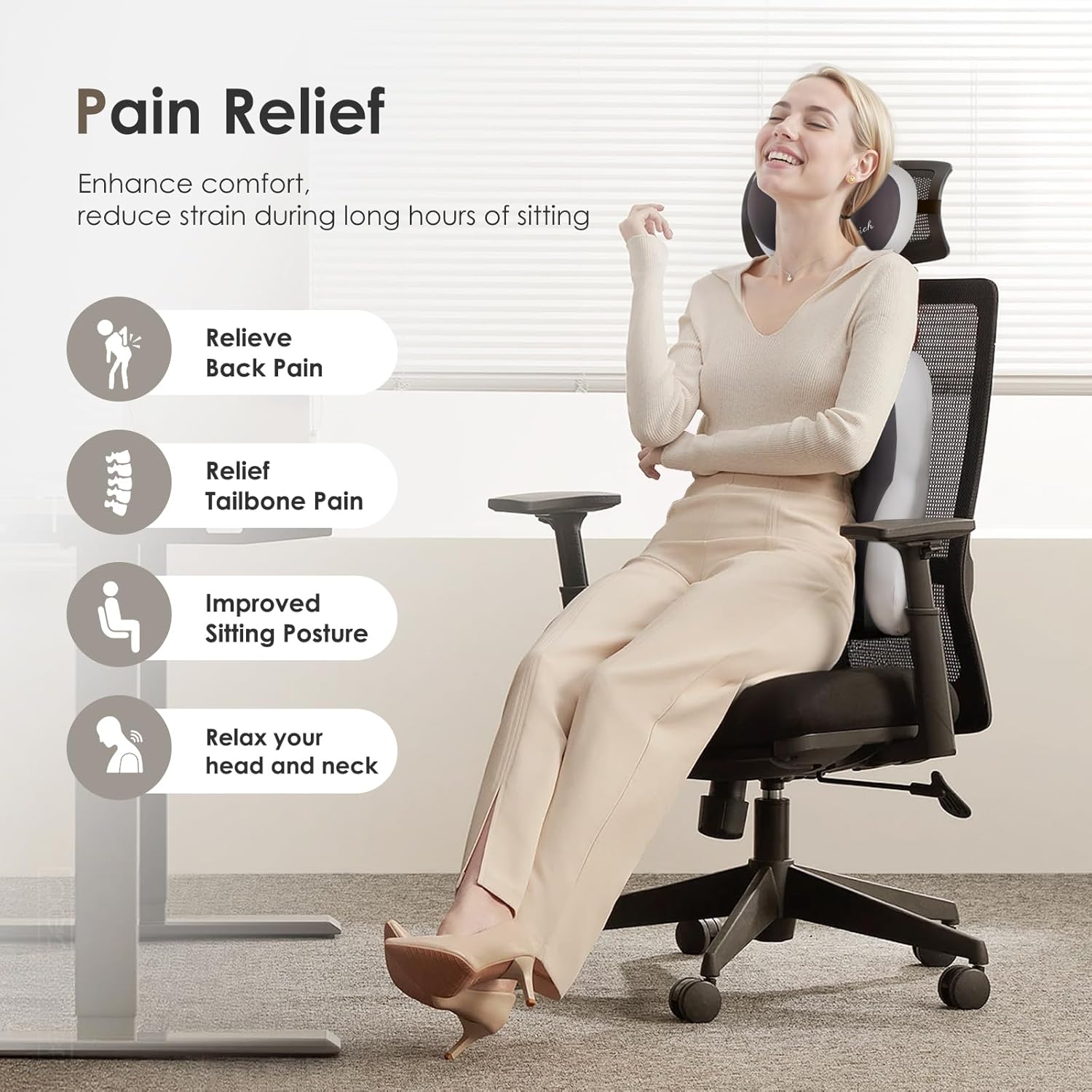 FLORICH Lumbar Support with Car headrest Back Pillow for Chairs Headrest Pillow for Car Ergonomic Ultrathick Memory Foam Back Pillow for Office Chair (Beige Grey) - Image 3