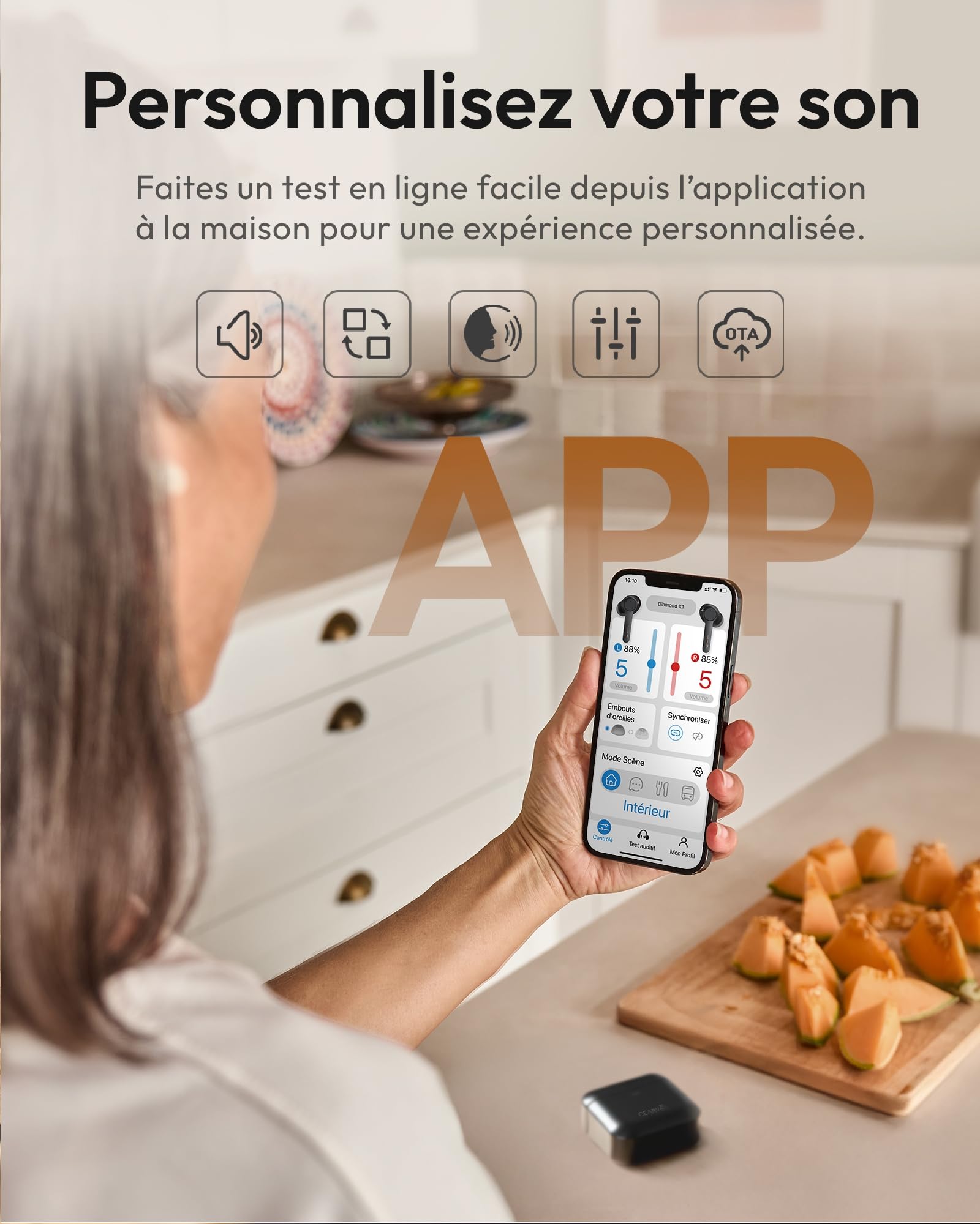 Diamond X1 Amplificateur sonore Bluetooth rechargeables avec contrôle par app pour iOS/Android réduction du bruit, blanc