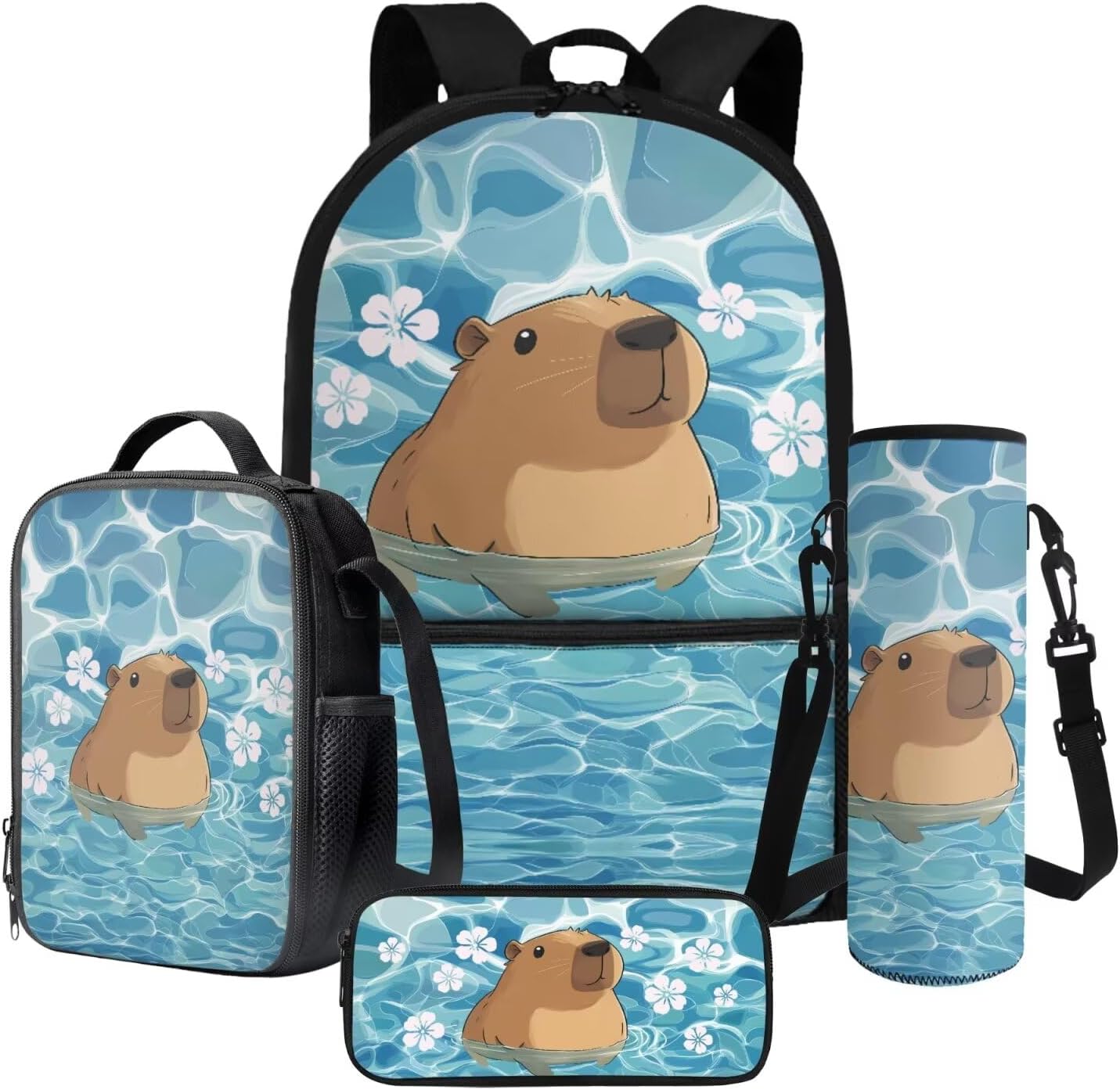 Talayituse Capybara Hibiscus Print 4PCS Backpack for Girls Boys, Lightweight School Bookbag with Lunch Box Pencil Case Water Bottle Sleeve, 17 Inch Students Bagpack for Elementary Middle High School
